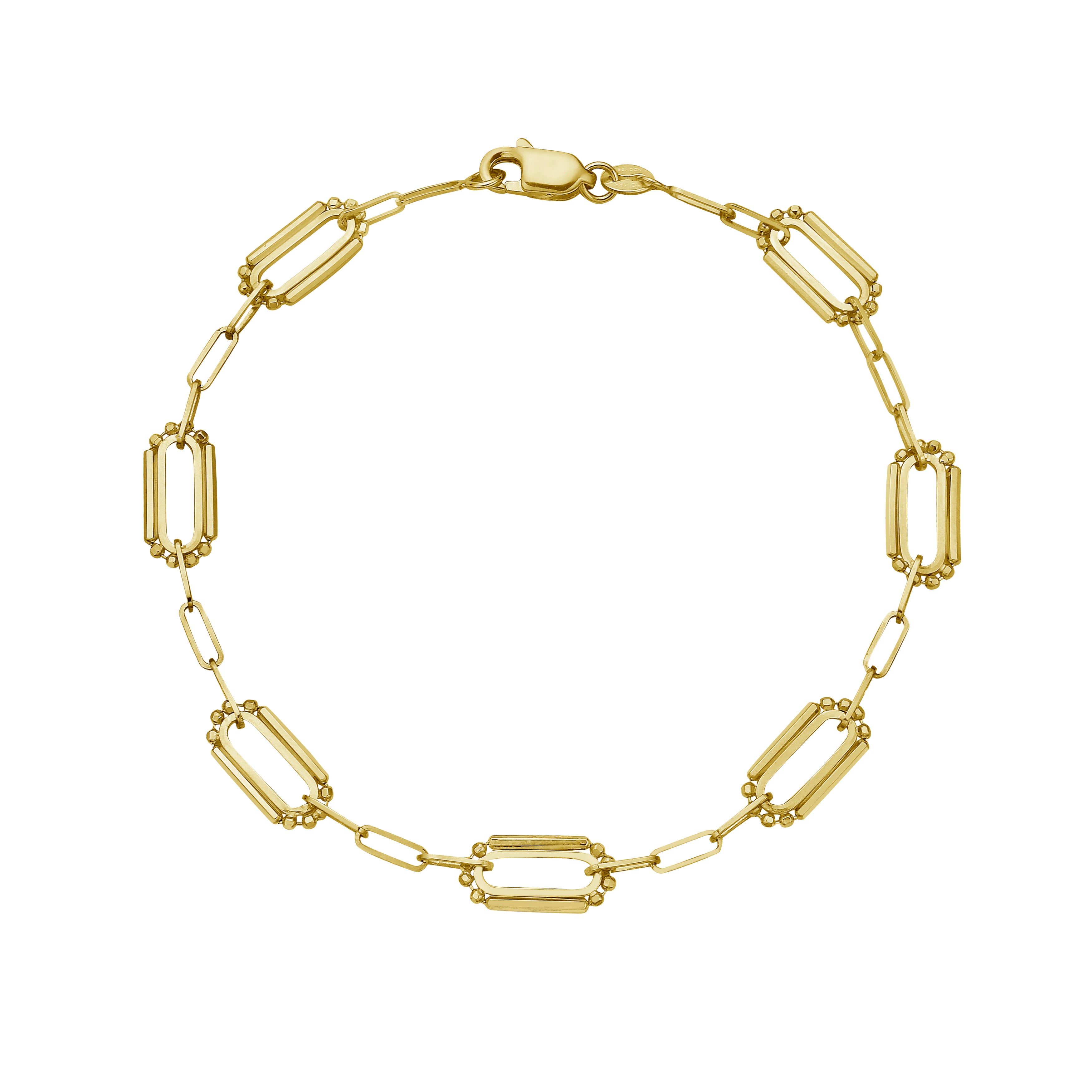 14K Solid Gold Paperclip Chain Bracelet – Mixed Width Links with Bead Accents