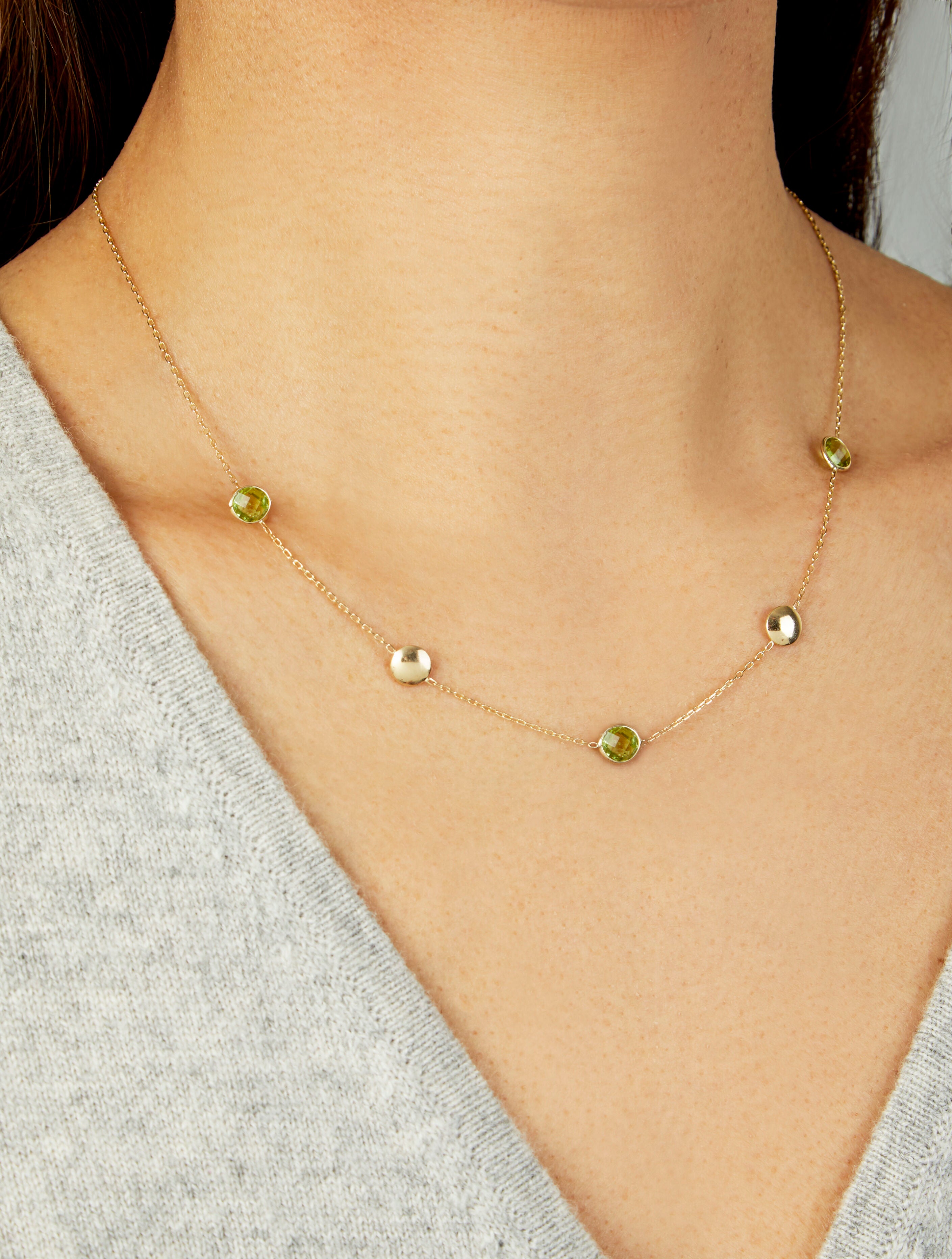 14K Gold Peridot & Pebble Bead Necklace: 18" Adjustable