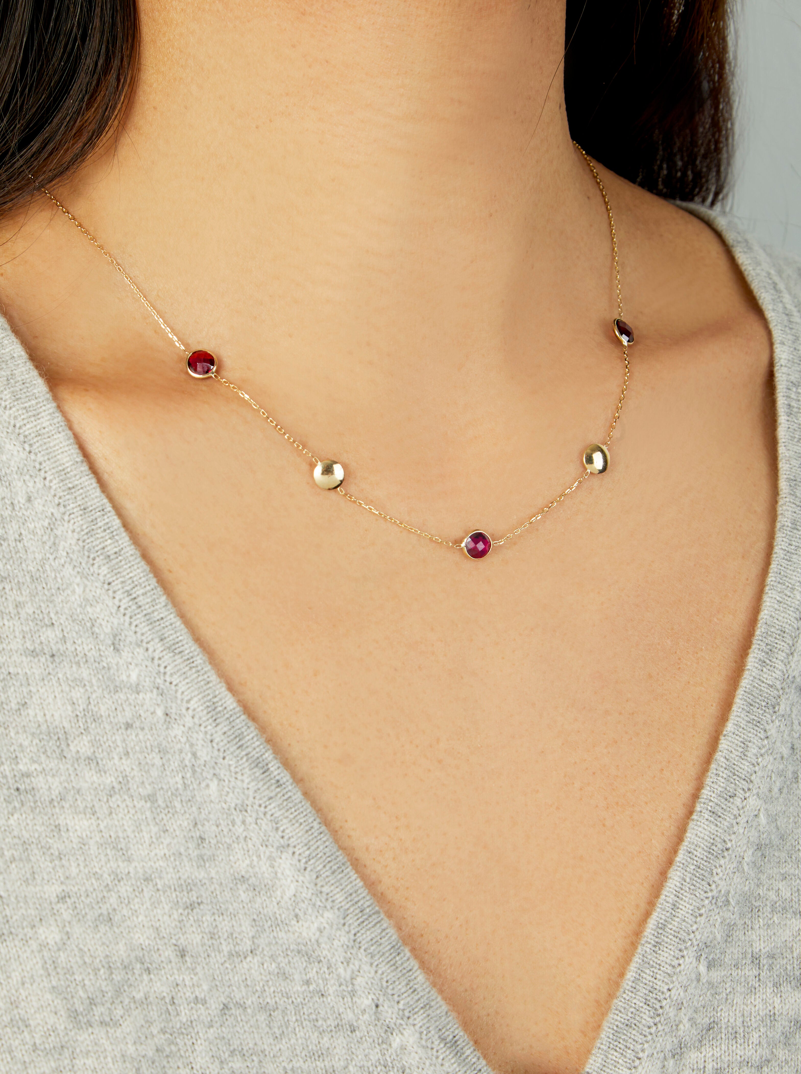 14K Gold Garnet & Pebble Bead Necklace: 18" Adjustable