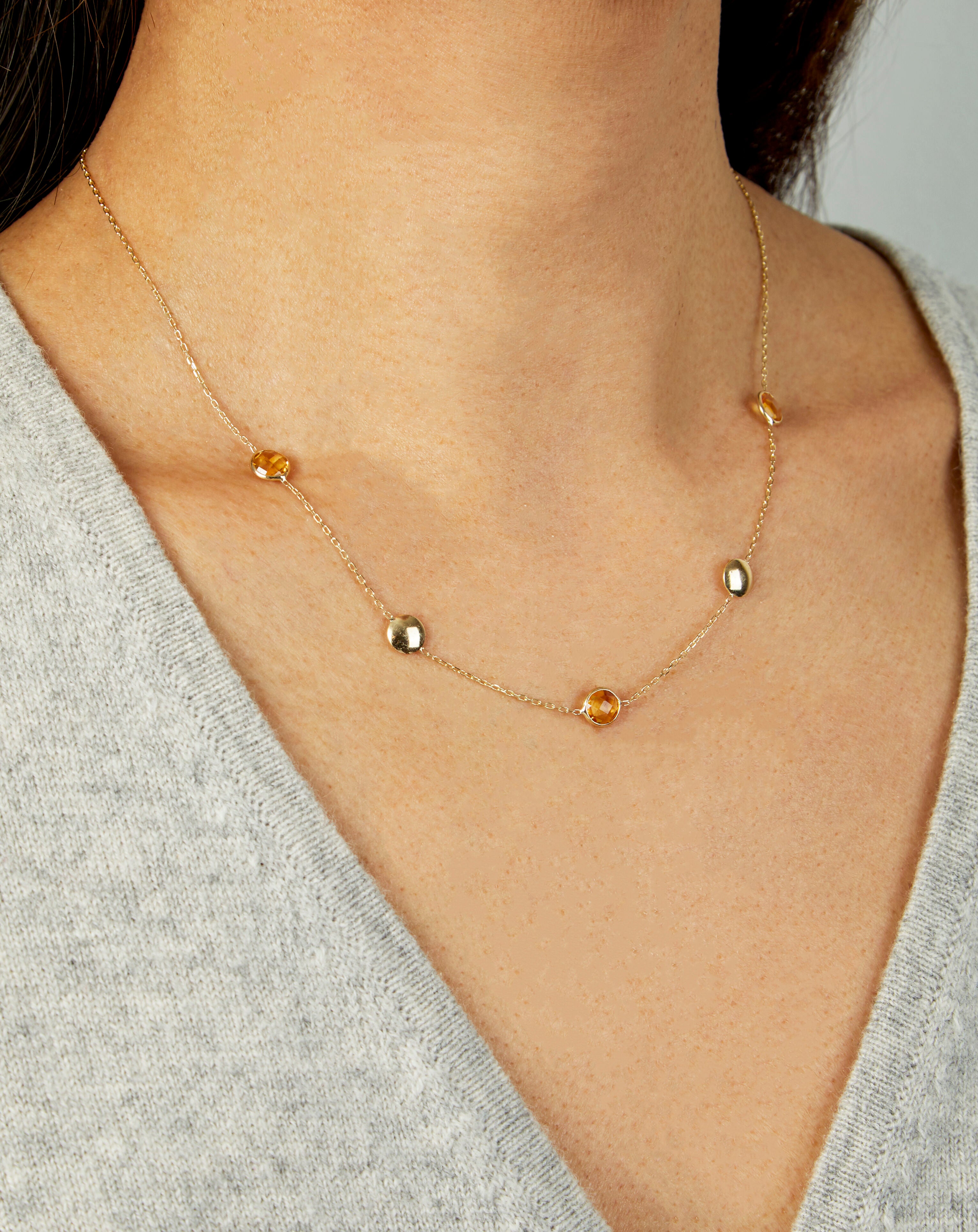 14K Gold Citrine & Pebble Bead Necklace 18" Adjustable