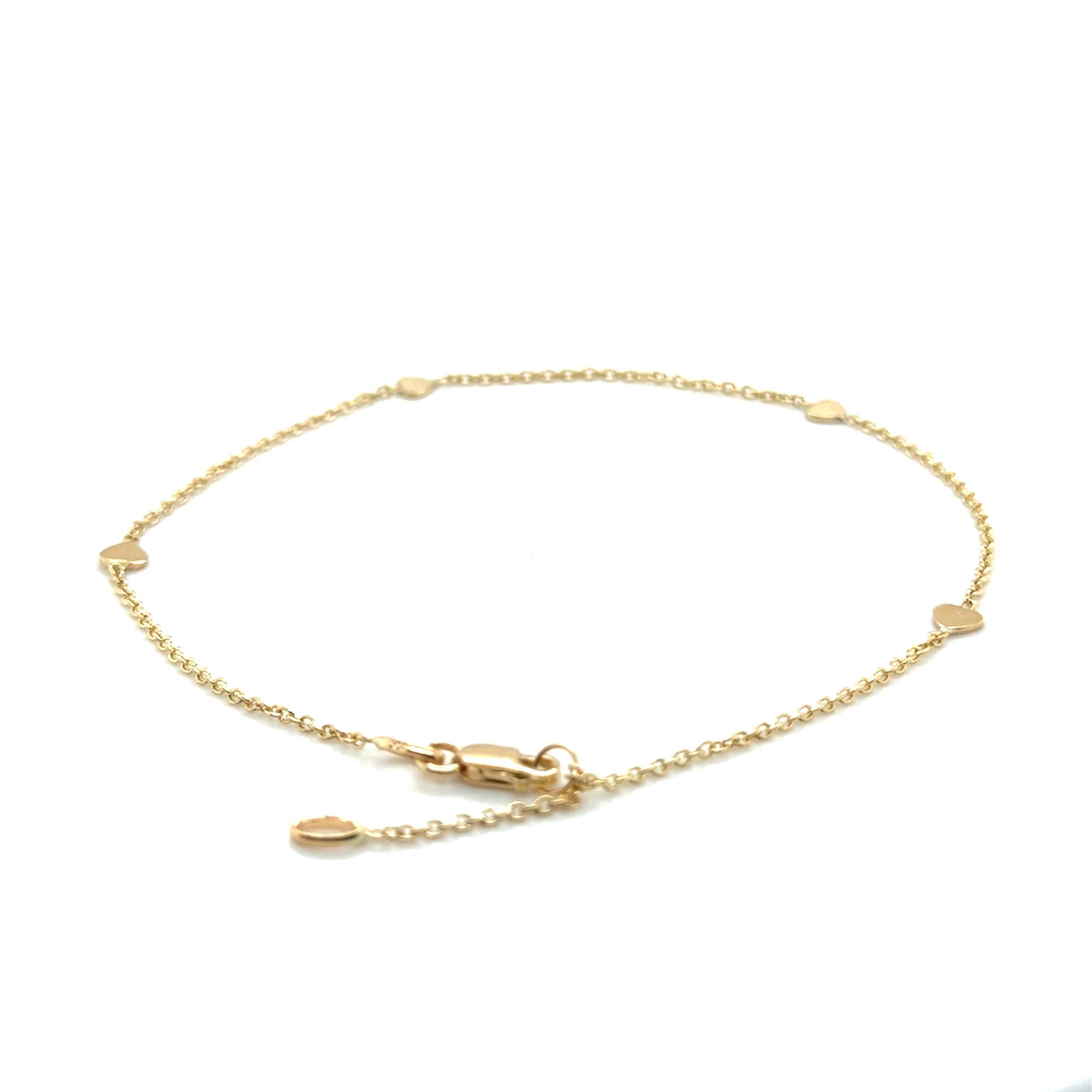 14K Yellow Gold Dainty Heart Station Anklet, 10" Adjustable