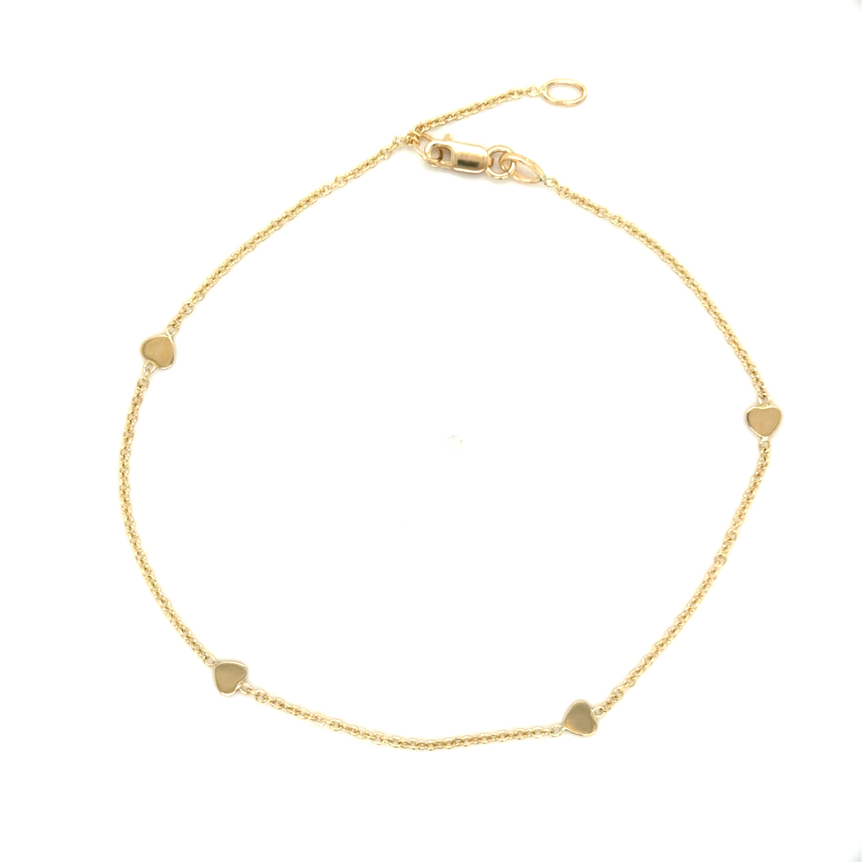 14K Yellow Gold Dainty Heart Station Anklet, 10" Adjustable