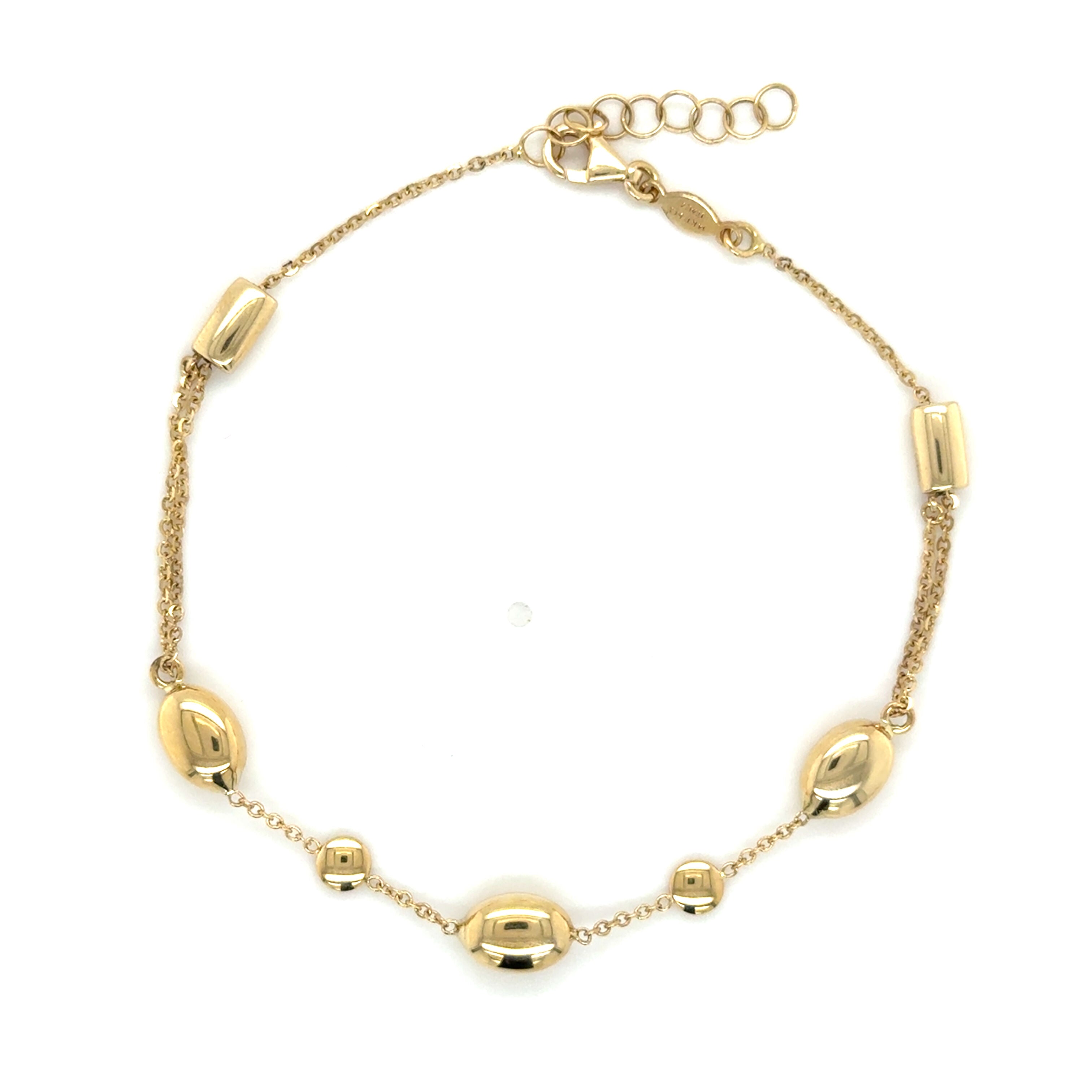 14K Yellow Gold Puffed Pebble Bead Anklet, 10-7" Adjustable