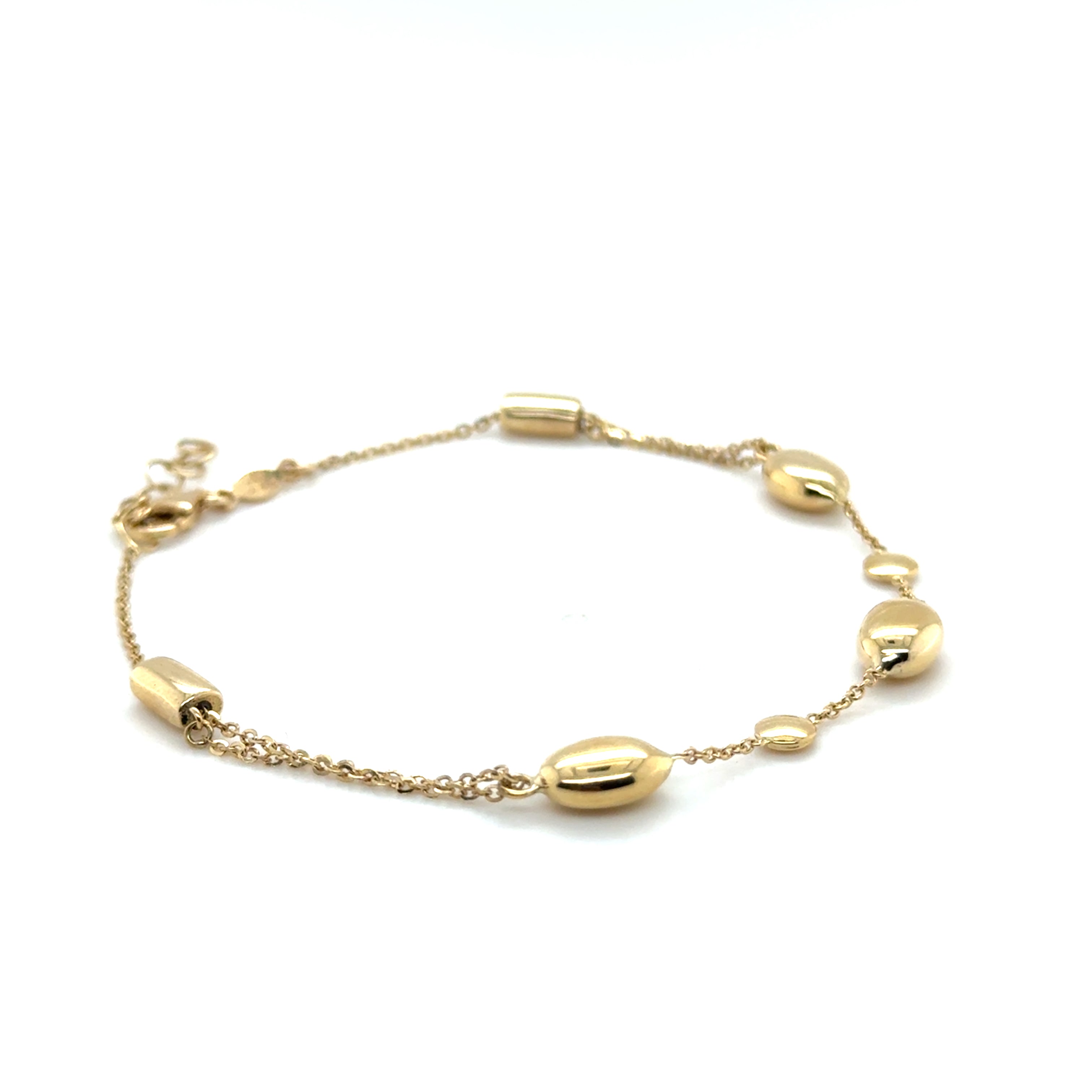 14K Yellow Gold Puffed Pebble Bead Anklet, 10-7" Adjustable