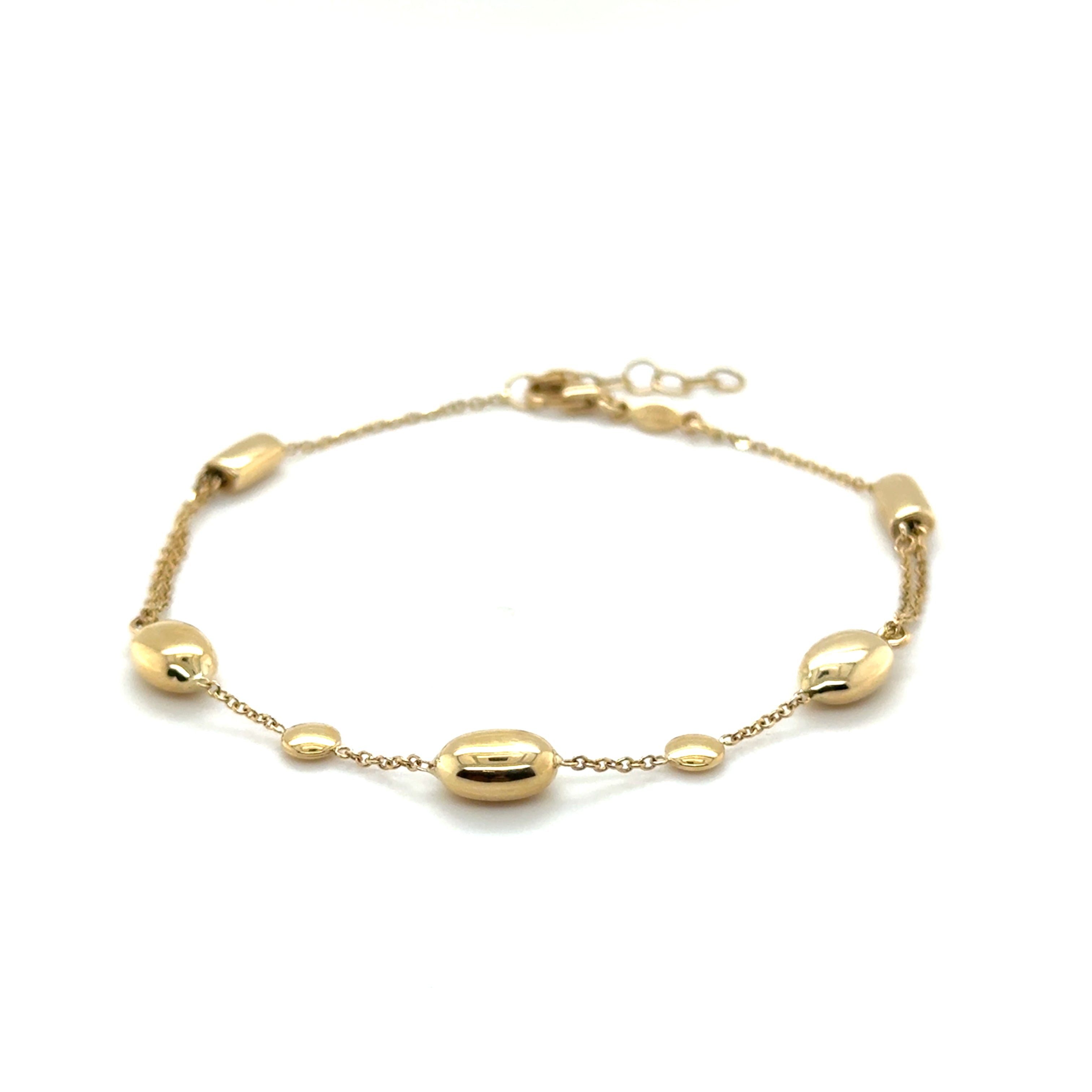 14K Yellow Gold Puffed Pebble Bead Anklet, 10-7" Adjustable