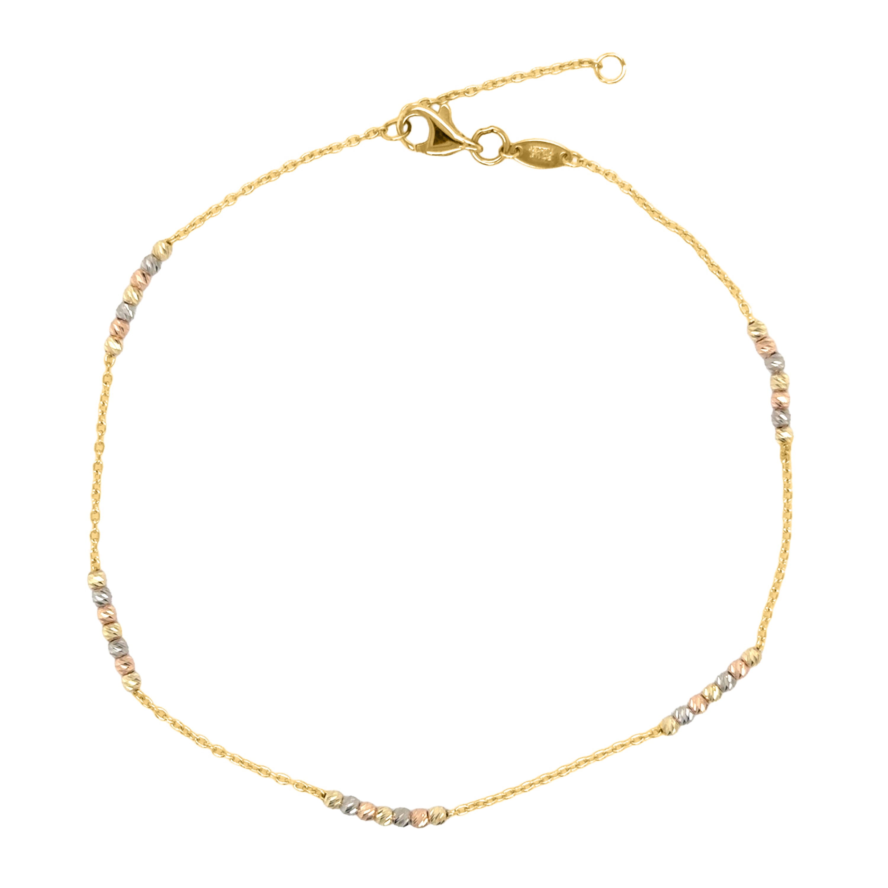 14K Tricolor Gold Diamond Cut Dainty Bead Anklet, 10" Adjustable