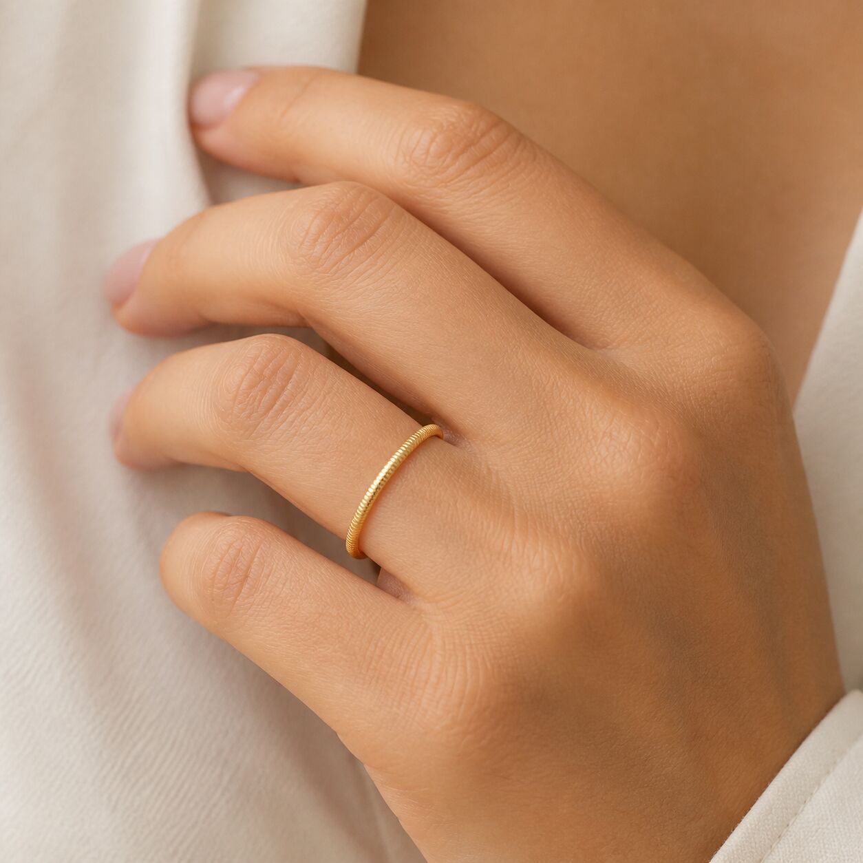14K Yellow Gold Ribbed Stackable Band Ring