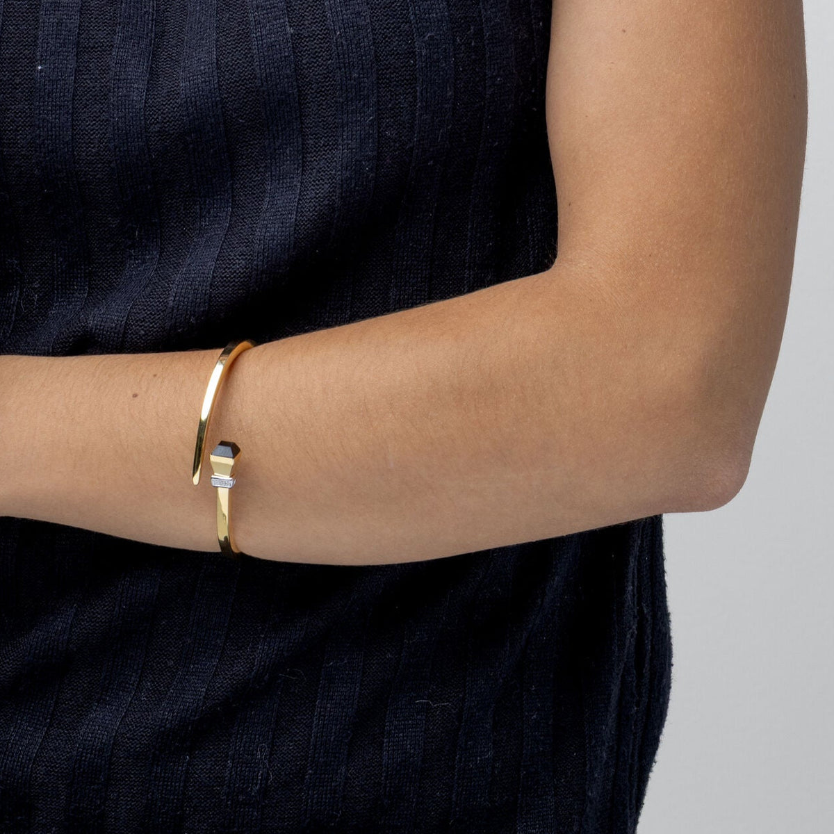 14K Yellow Gold Black Onyx & Diamond Hinged Wrap Bangle, 7"
