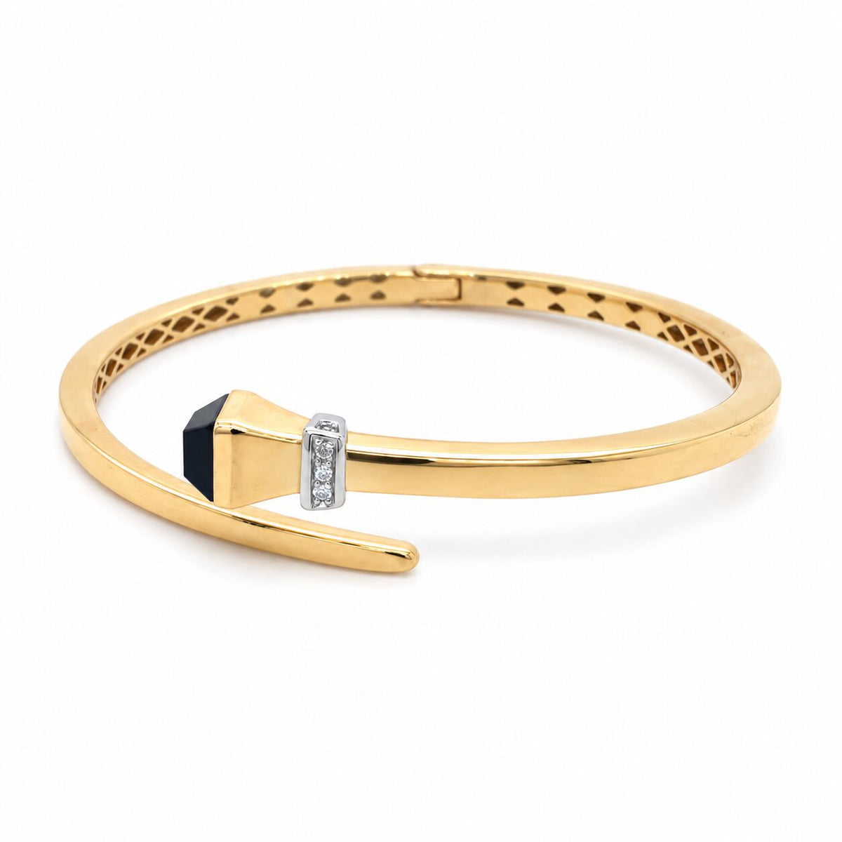14K Yellow Gold Black Onyx & Diamond Hinged Wrap Bangle, 7"