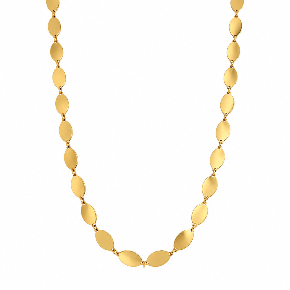 14K yellow gold oval mirror-link necklace, polished flat oval links reflecting light, lobster-claw clasp.