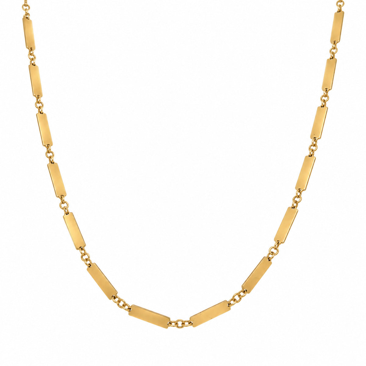 14K yellow gold flat rectangle bar link necklace, polished 2mm links with lobster clasp, minimalist Italian design.