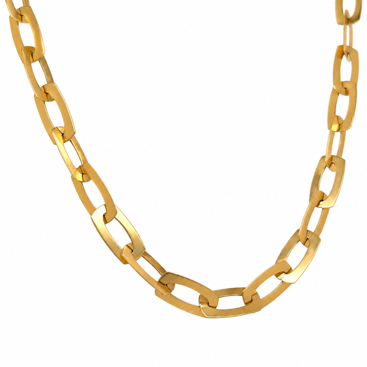 Model wearing 14K yellow gold rectangle-link necklace on collarbone, polished 6mm interlocking links, 18-inch