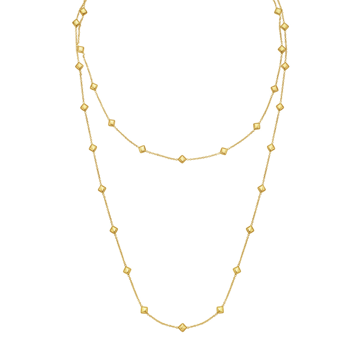 14K Yellow Gold Pyramid Bead Station Necklace, 38”, Layered chain