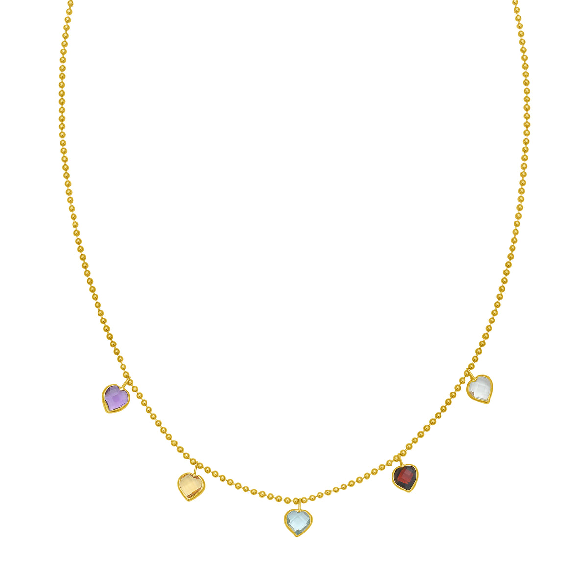 14K yellow gold ball-chain necklace with five heart gemstones: garnet, amethyst, citrine, blue topaz, white topaz