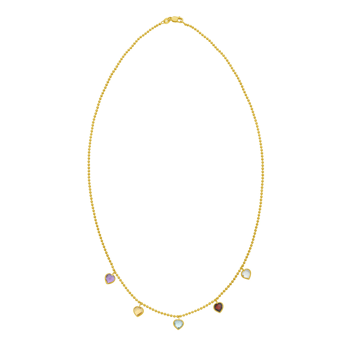 Close-up, 14K yellow gold ball-chain necklace with five heart gems: garnet, amethyst, citrine, blue topaz, white topaz