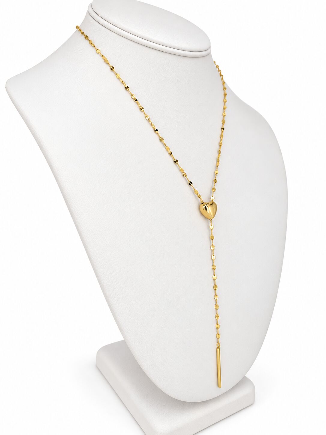 14K Yellow Gold Heart Mirror Link Lariat Necklace, Adjustable, 20”