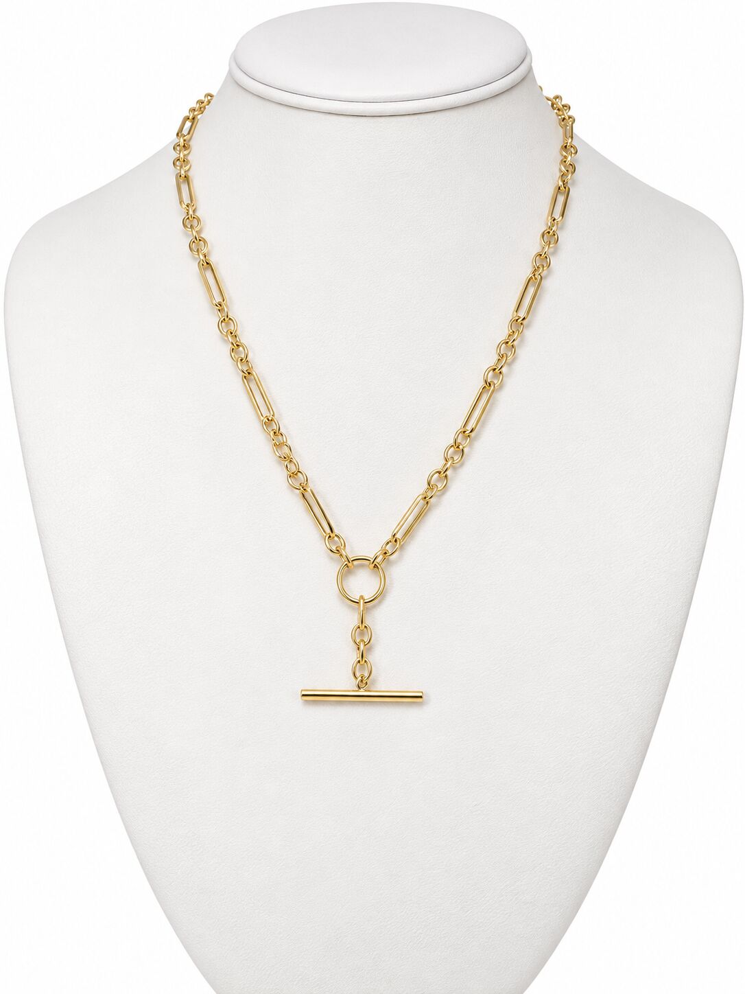 14K Yellow Gold Mixed Link T-Bar Drop Necklace, 18"