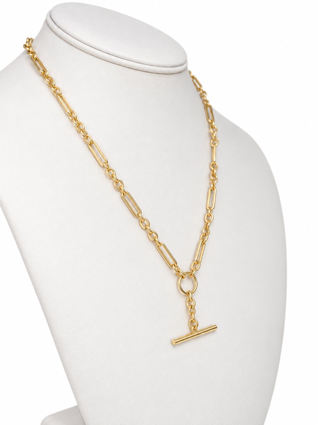 14K Yellow Gold Mixed Link T-Bar Drop Necklace, 18"