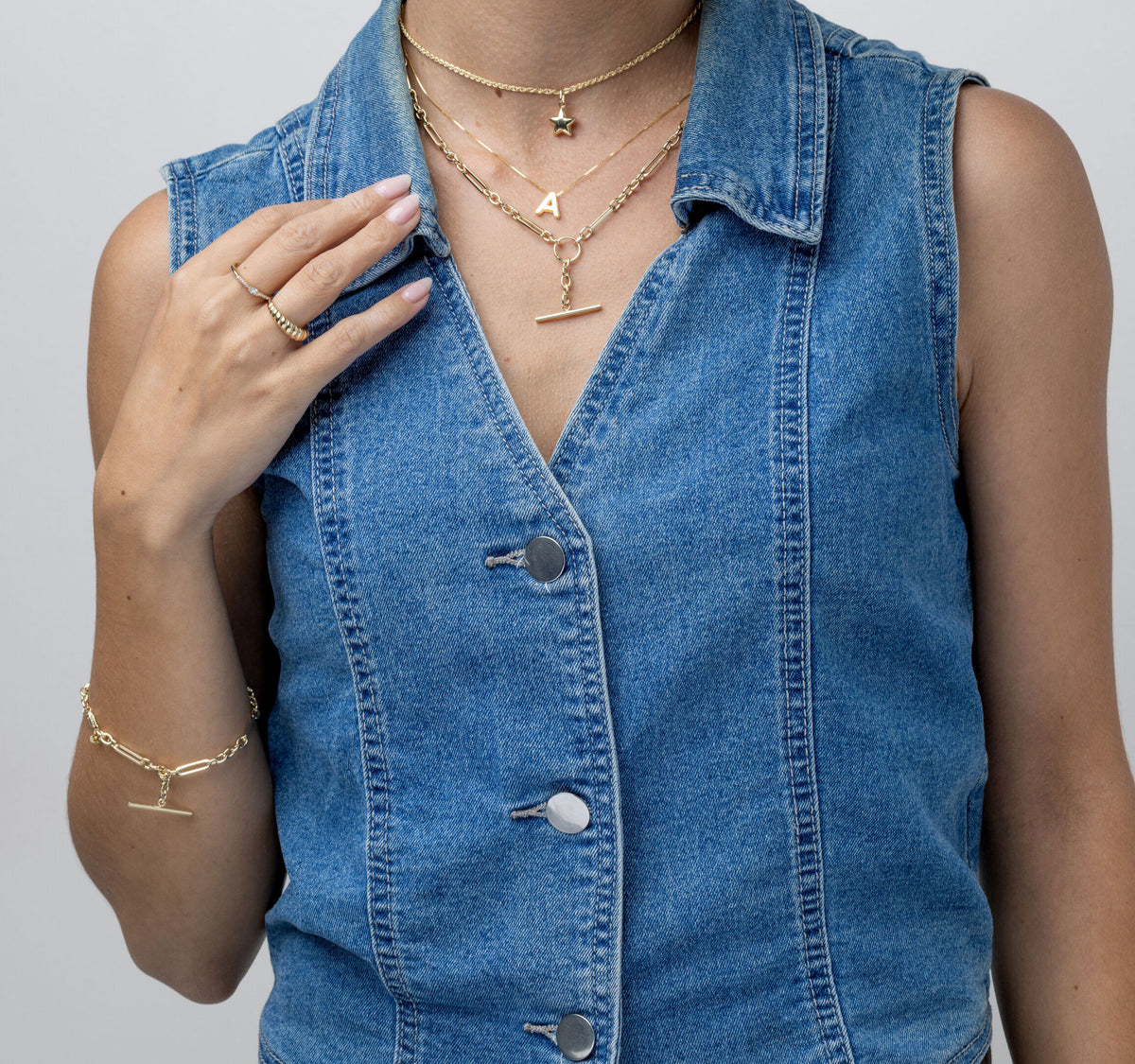 14K Yellow Gold Mixed Link T-Bar Drop Necklace and matching bracelet