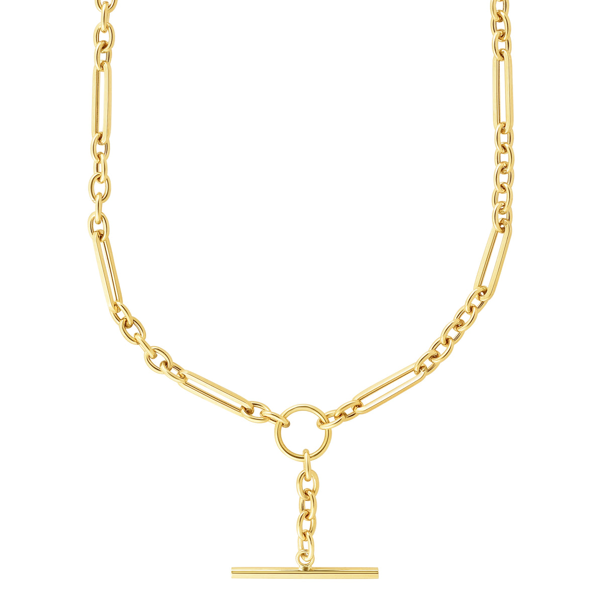 14K Yellow Gold Mixed Link T-Bar Drop Necklace, 18"