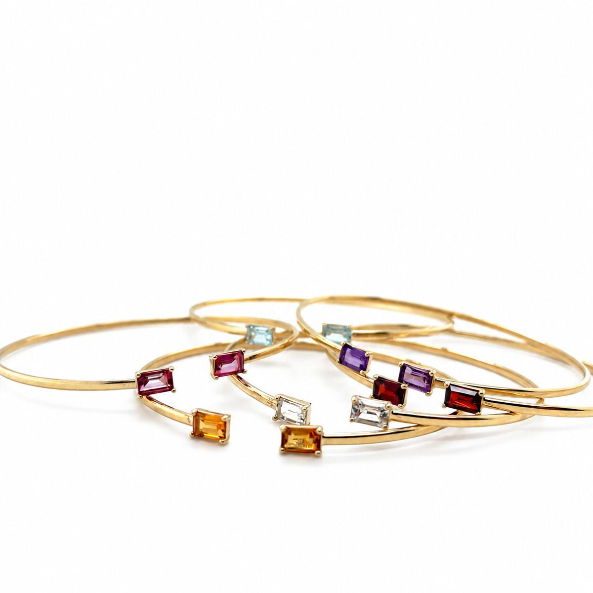 14K Yellow Gold Gemstone Open Cuff Bangle, Birthstone Bracelet