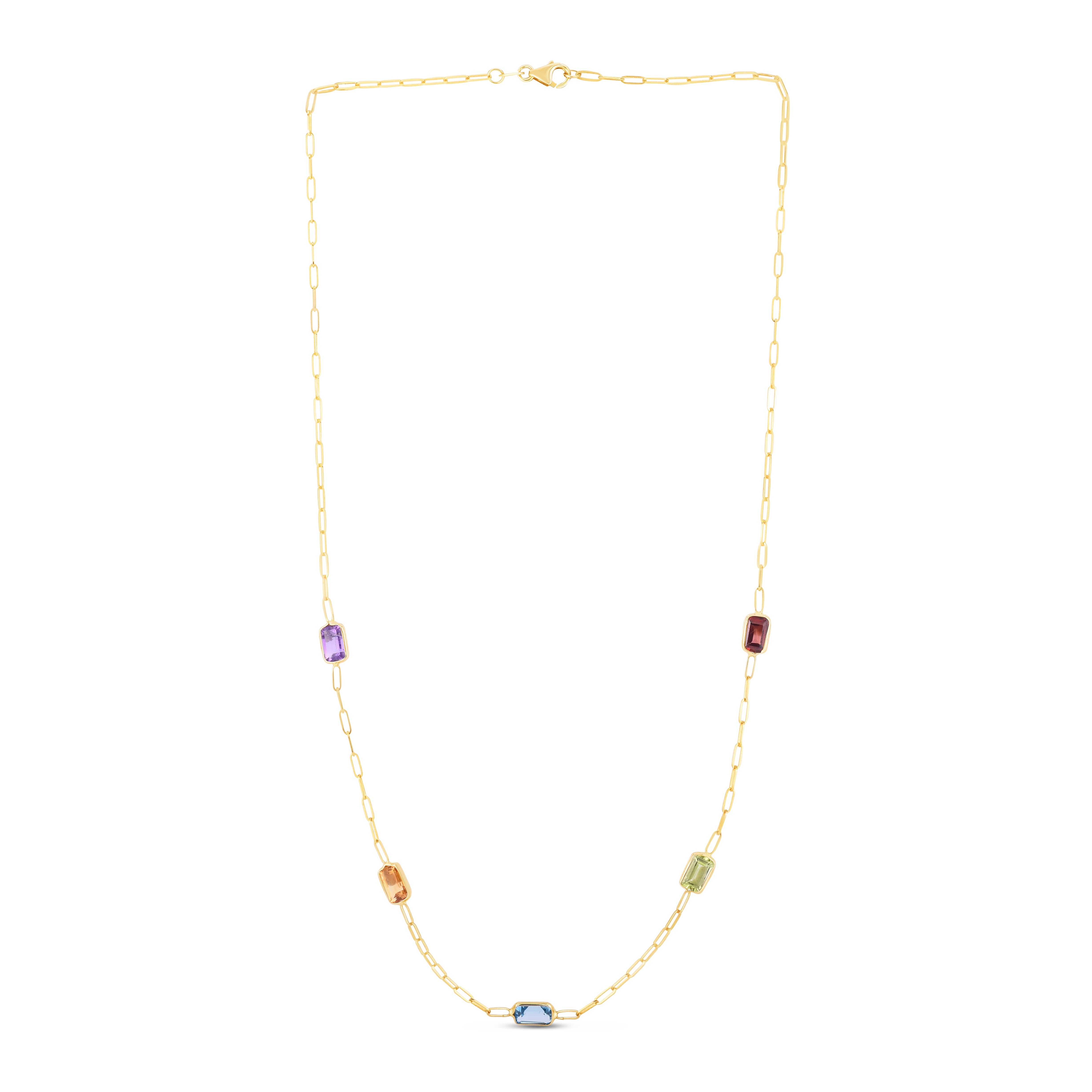 14K Gold Natural Gemstone Station Paperclip Necklace