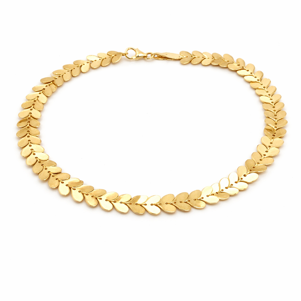 14K Solid Gold Heart Leaf Link Chain Bracelet 7.5 Inch – Polished, Elegant, Durable