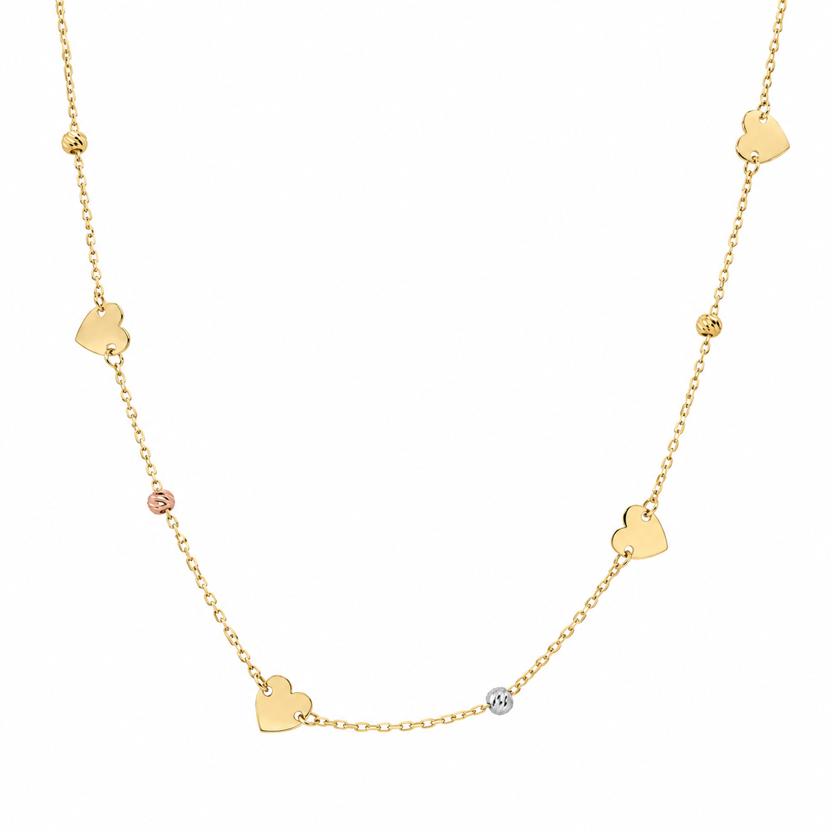 14K Gold Dainty Heart Station Necklace: 16.75" Adjustable, Made In Italy