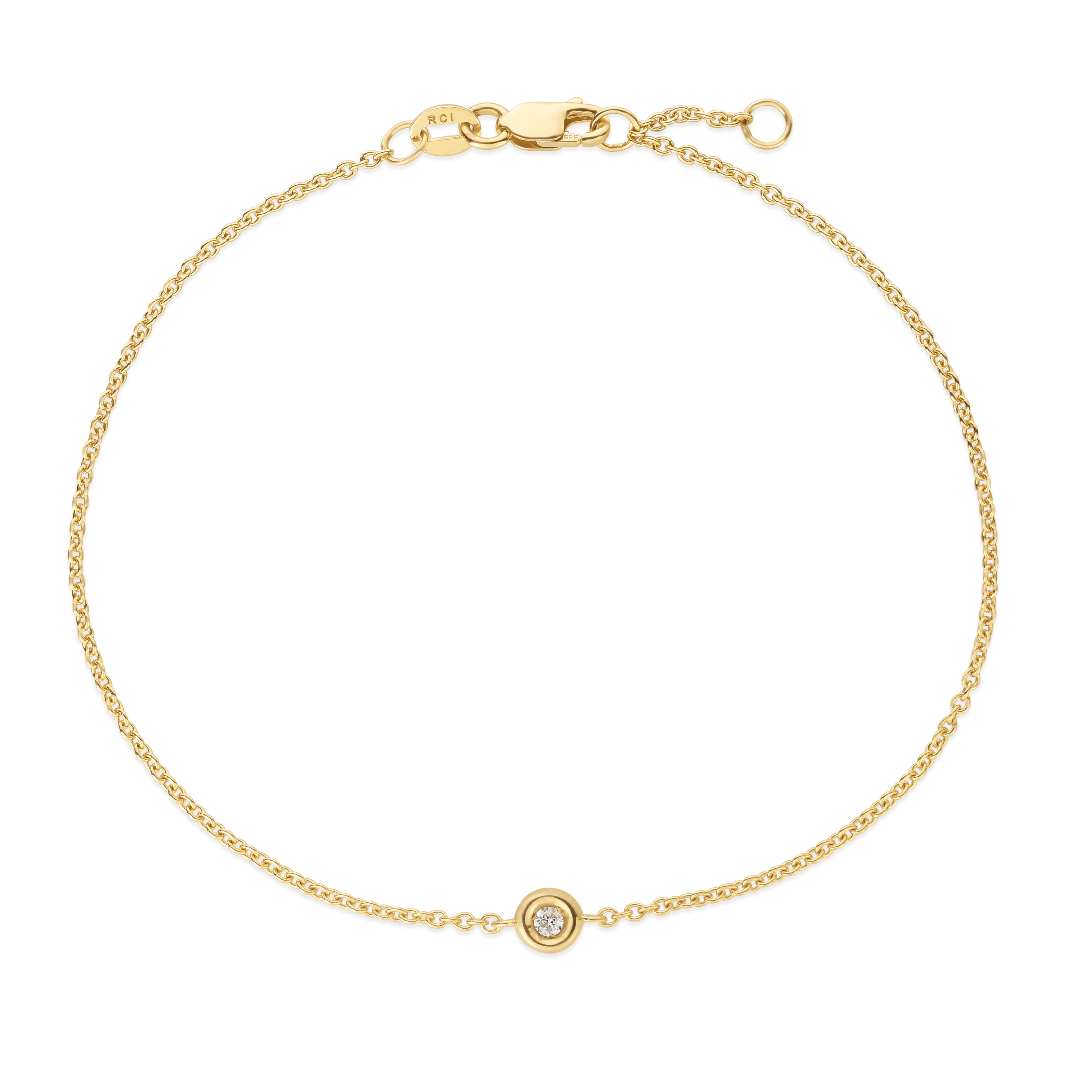 Diamond Bezel Solid Gold Bracelet crafted in 14K yellow, white, or rose gold, designed as a dainty and elegant fine jewelry piece with a natural diamond centerpiece. This durable and versatile bracelet makes a thoughtful birthstone gift idea for April, perfect for birthdays, anniversaries, weddings, or milestone celebrations.
