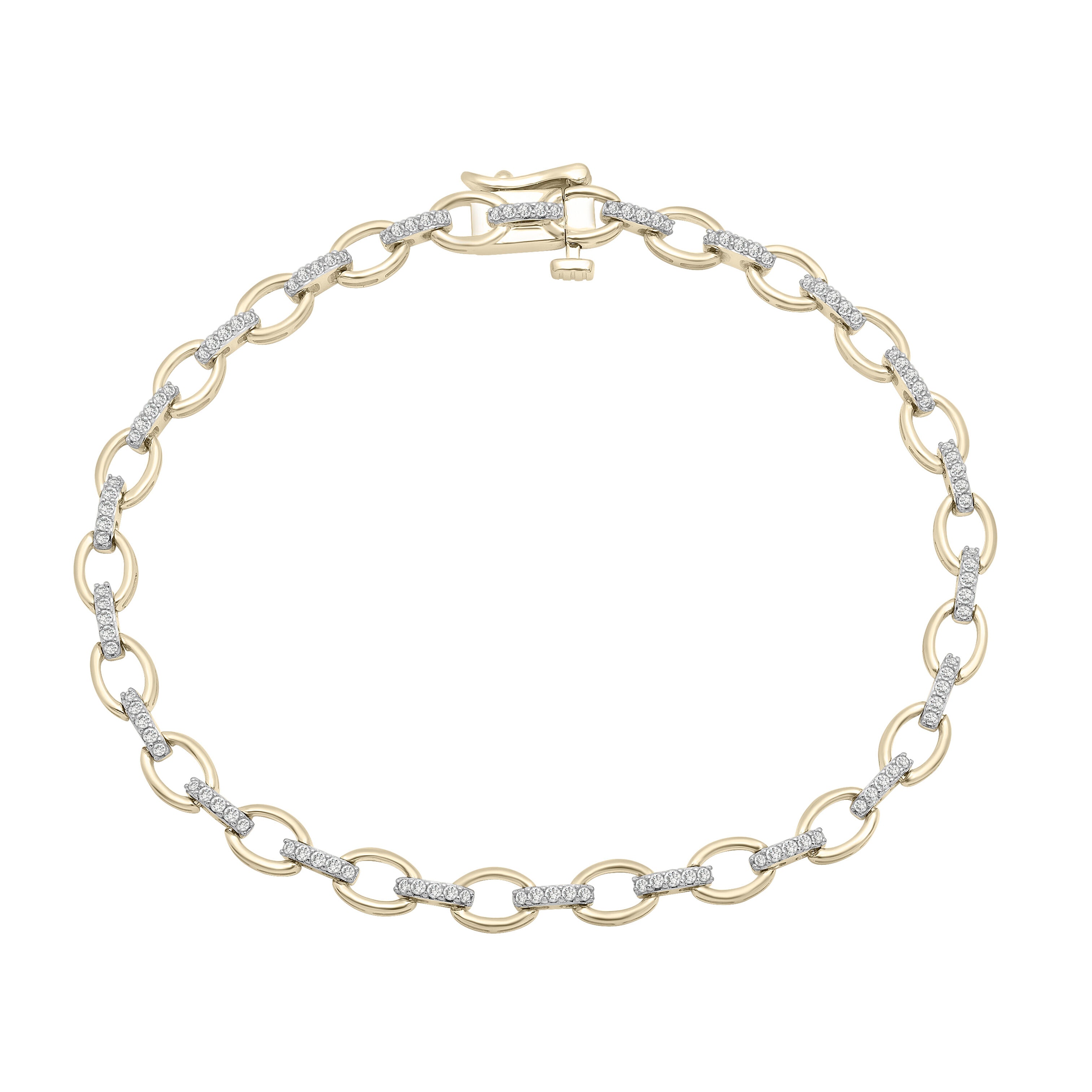 A luxurious Diamond Oval Link Chain Bracelet in 14K Yellow Gold, finely accented with natural diamonds for a timeless sparkle. This elegant piece is both durable and versatile, perfect as a statement bracelet for everyday wear or special occasions. A stunning birthstone gift idea for birthdays, anniversaries, weddings, and milestone celebrations.