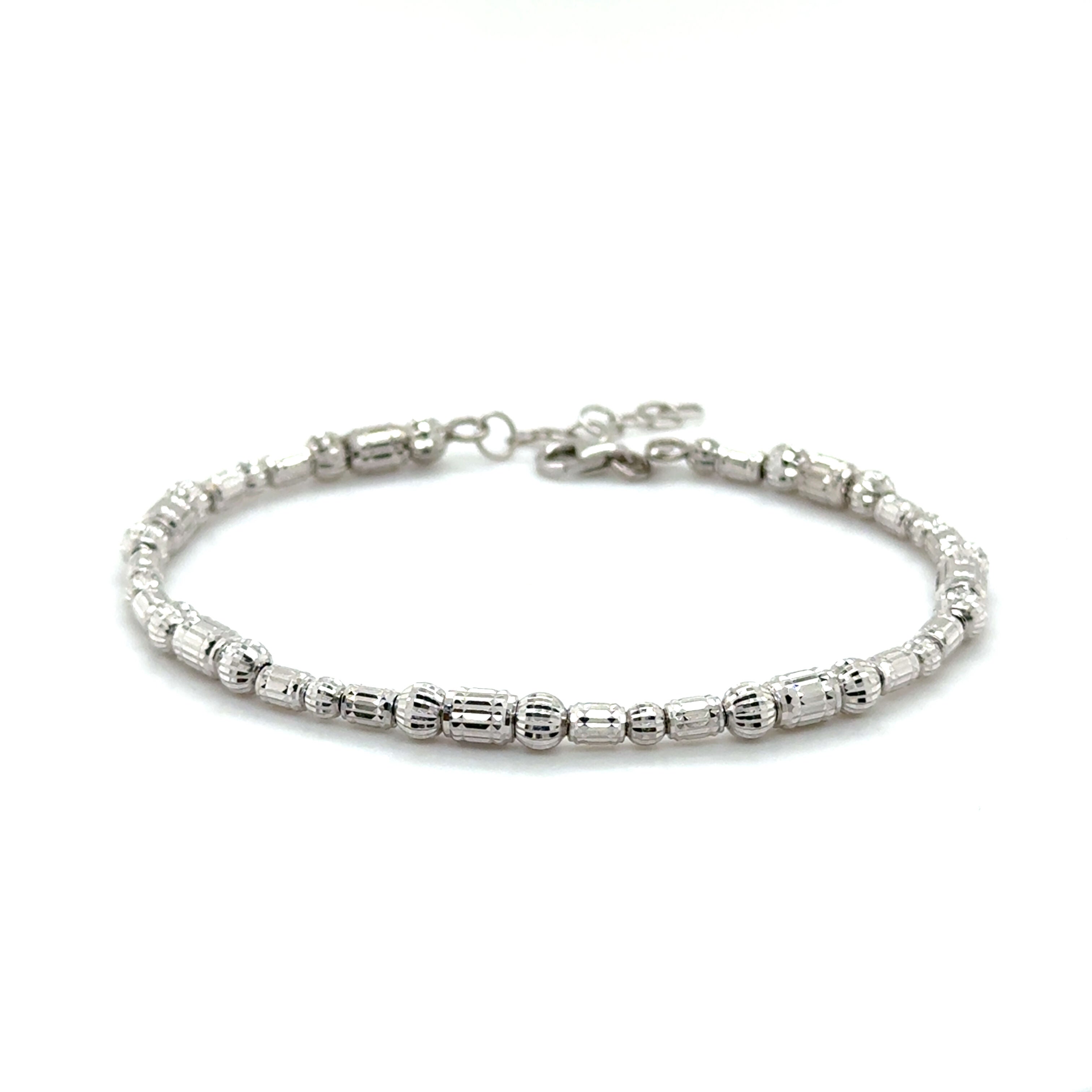 Durable 14K White Gold Barrel Bead Jewelry crafted with genuine gold beads and a lobster claw clasp, perfect for both casual and formal occasions.