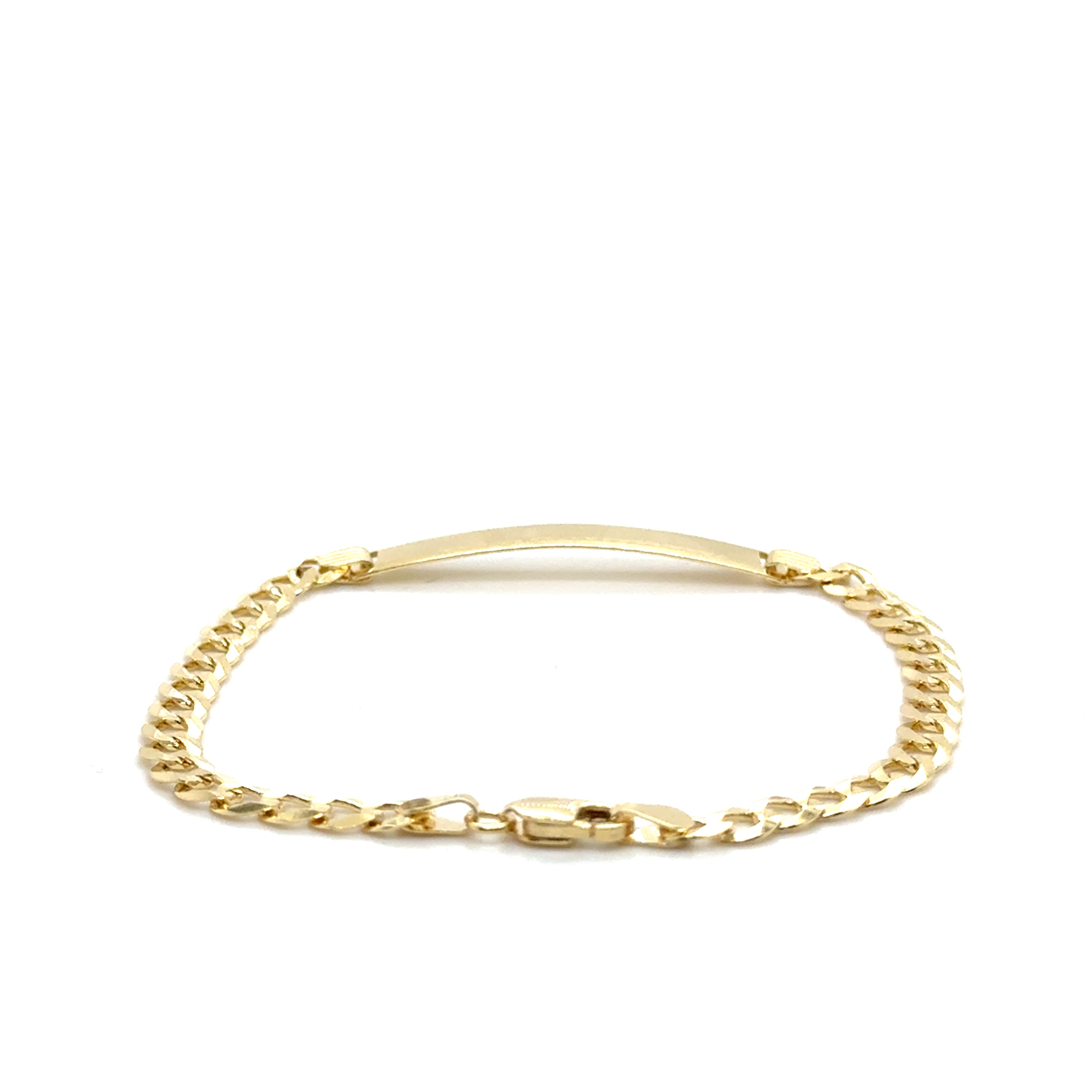 14K solid gold ID bar curb link bracelet featuring a sleek engravable plate and bold chain links. Designed in 7- and 8-inch lengths, this durable and tarnish-resistant bracelet is water-safe and secured with a lobster claw clasp. A versatile fine jewelry piece that makes an elegant and personalized gift for men or women on birthdays, anniversaries, or milestone occasions.