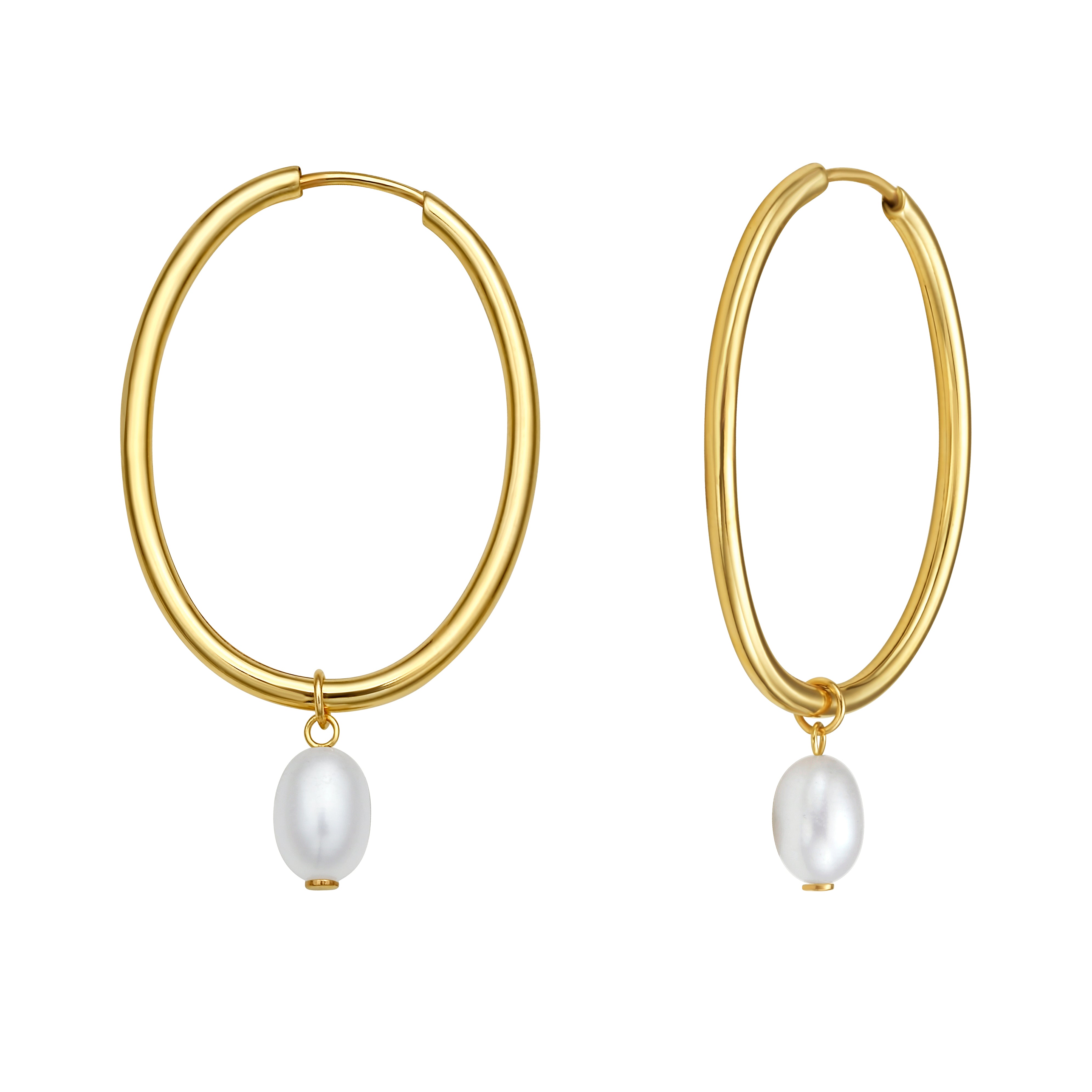 14k yellow gold oval hoops with one dangling white oval pearl attached to each hoop