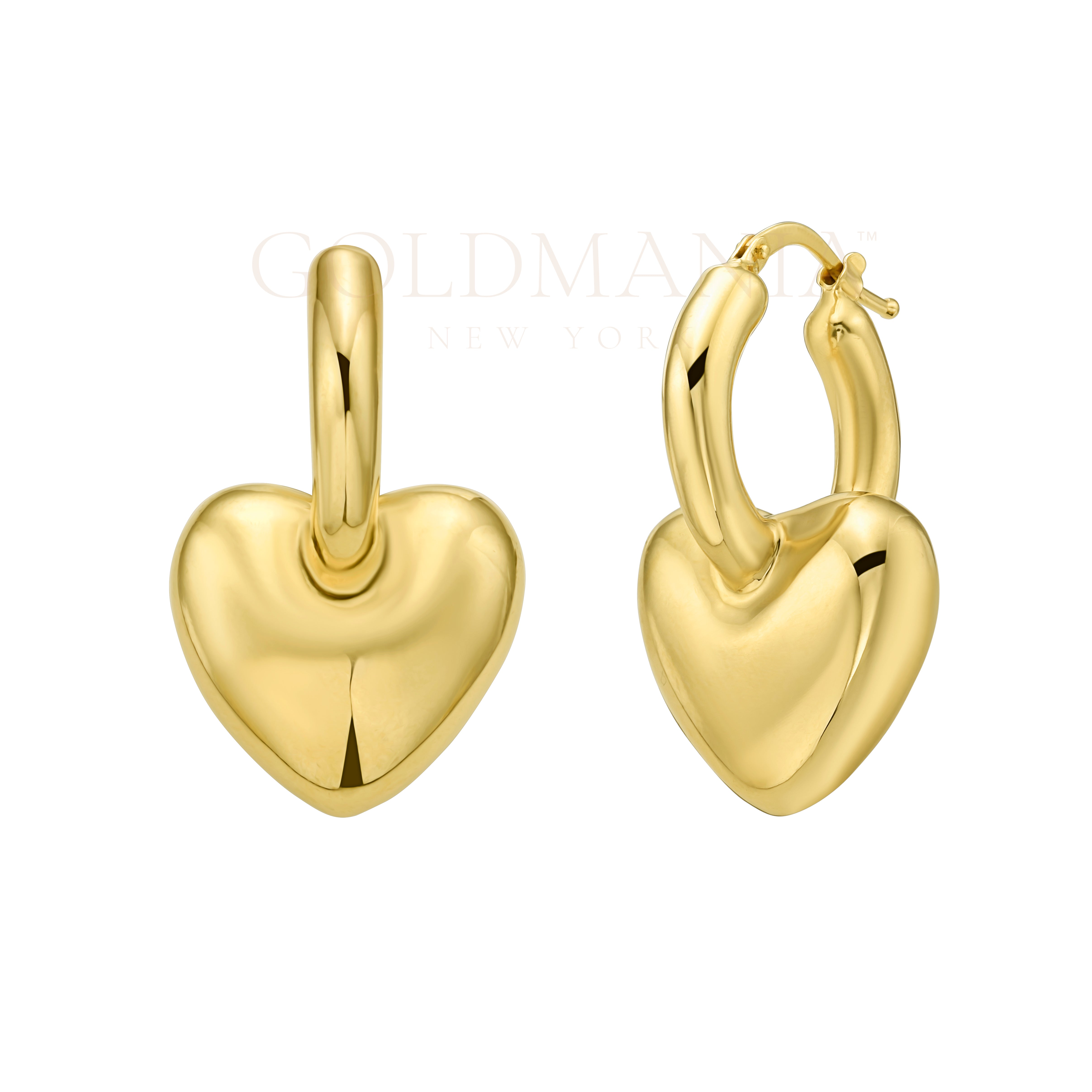 14K Solid Gold Chunky Puffed Heart Dangle Hoop Earrings – Bold, Polished, Hypoallergenic