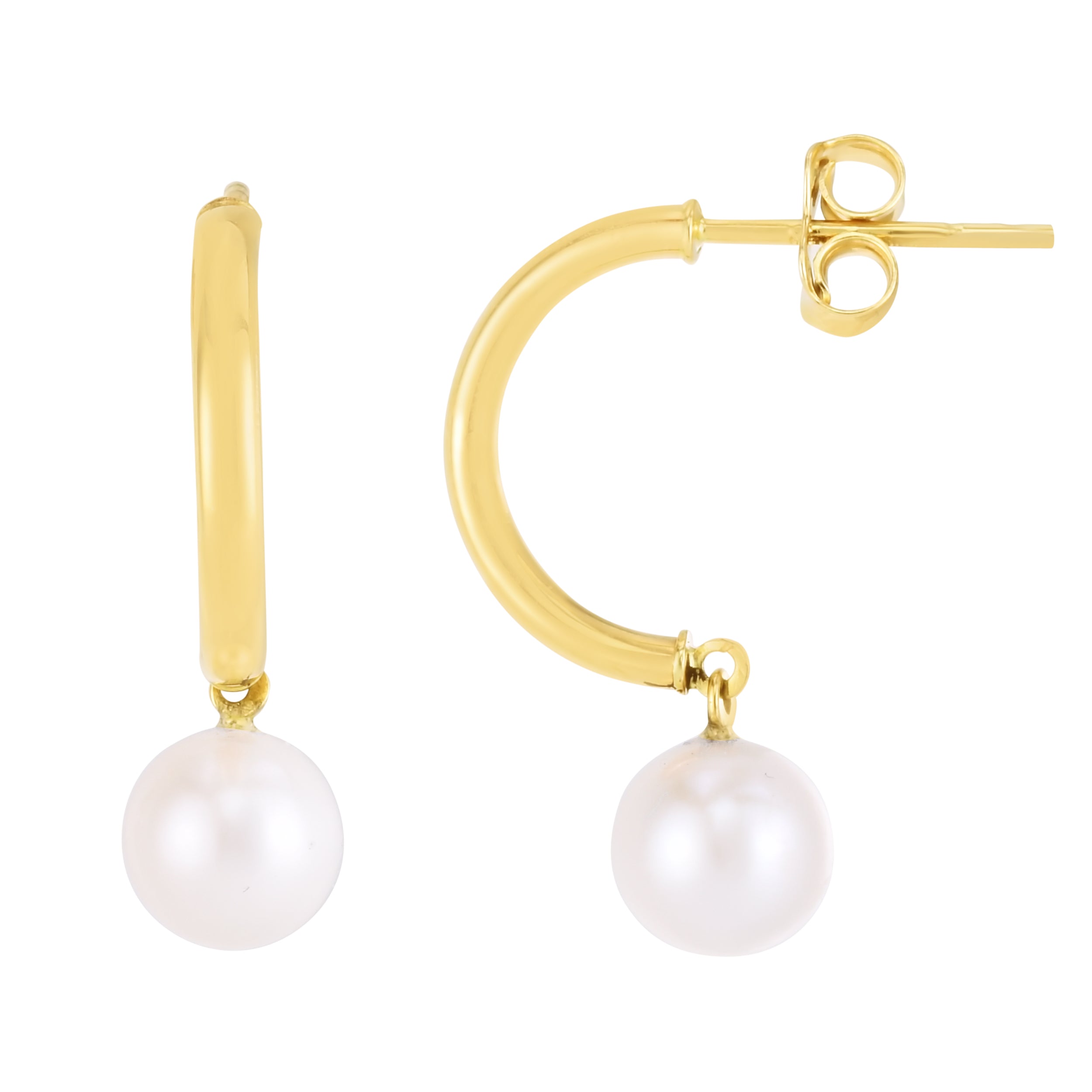 14K Gold Dangling Pearl C Hoops