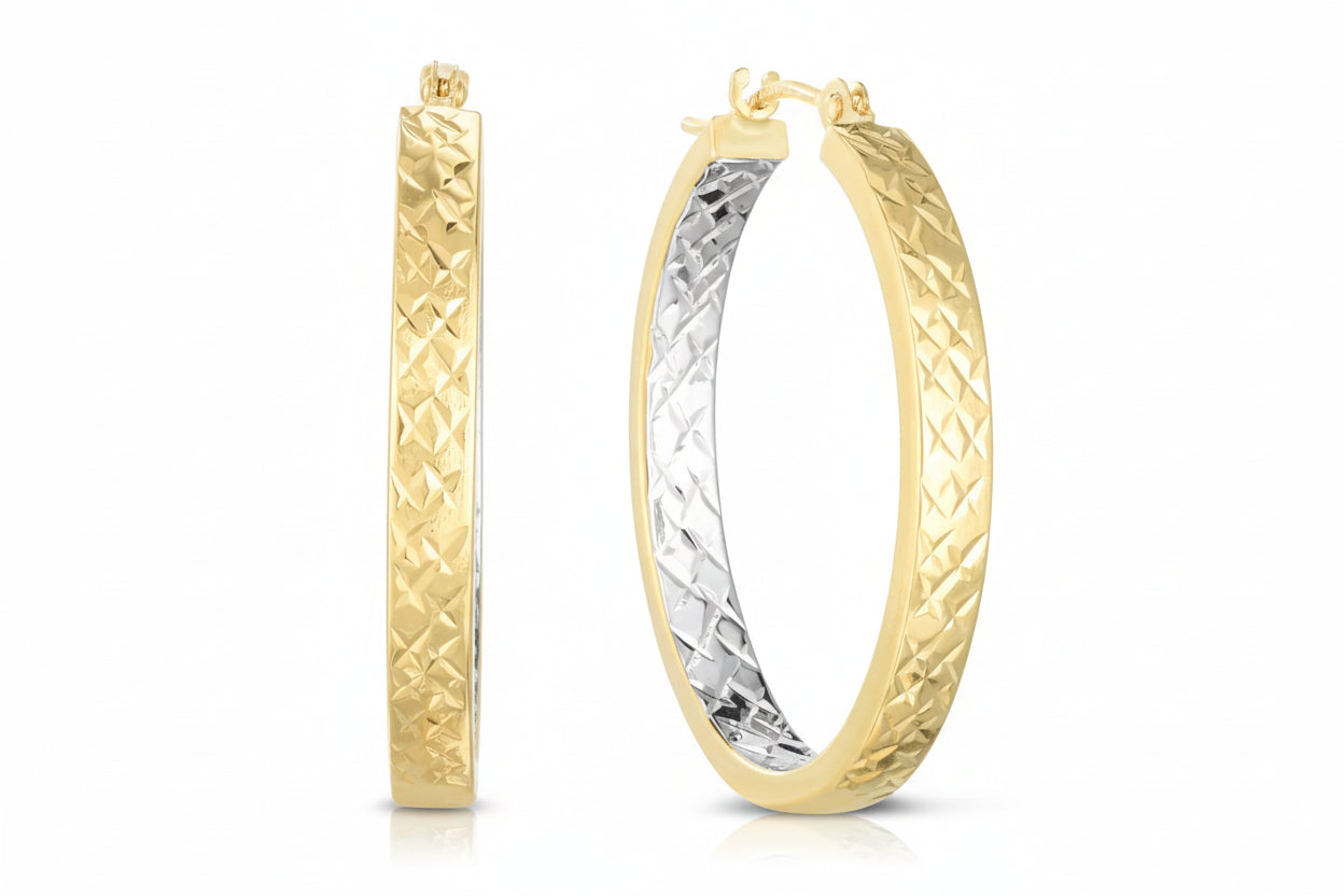 14K Two Tone Gold Diamond Cut Hoops