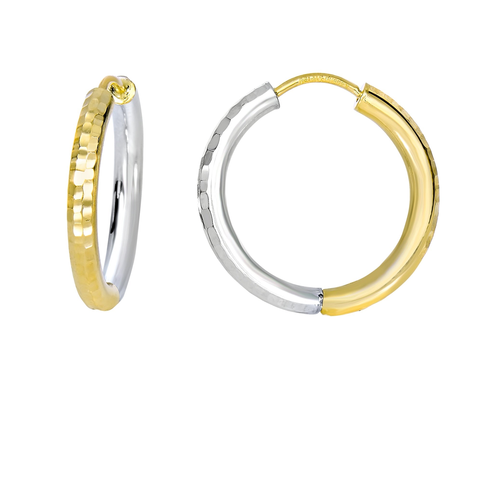 14k two tone yellow and white gold diamond cut hoop earrings