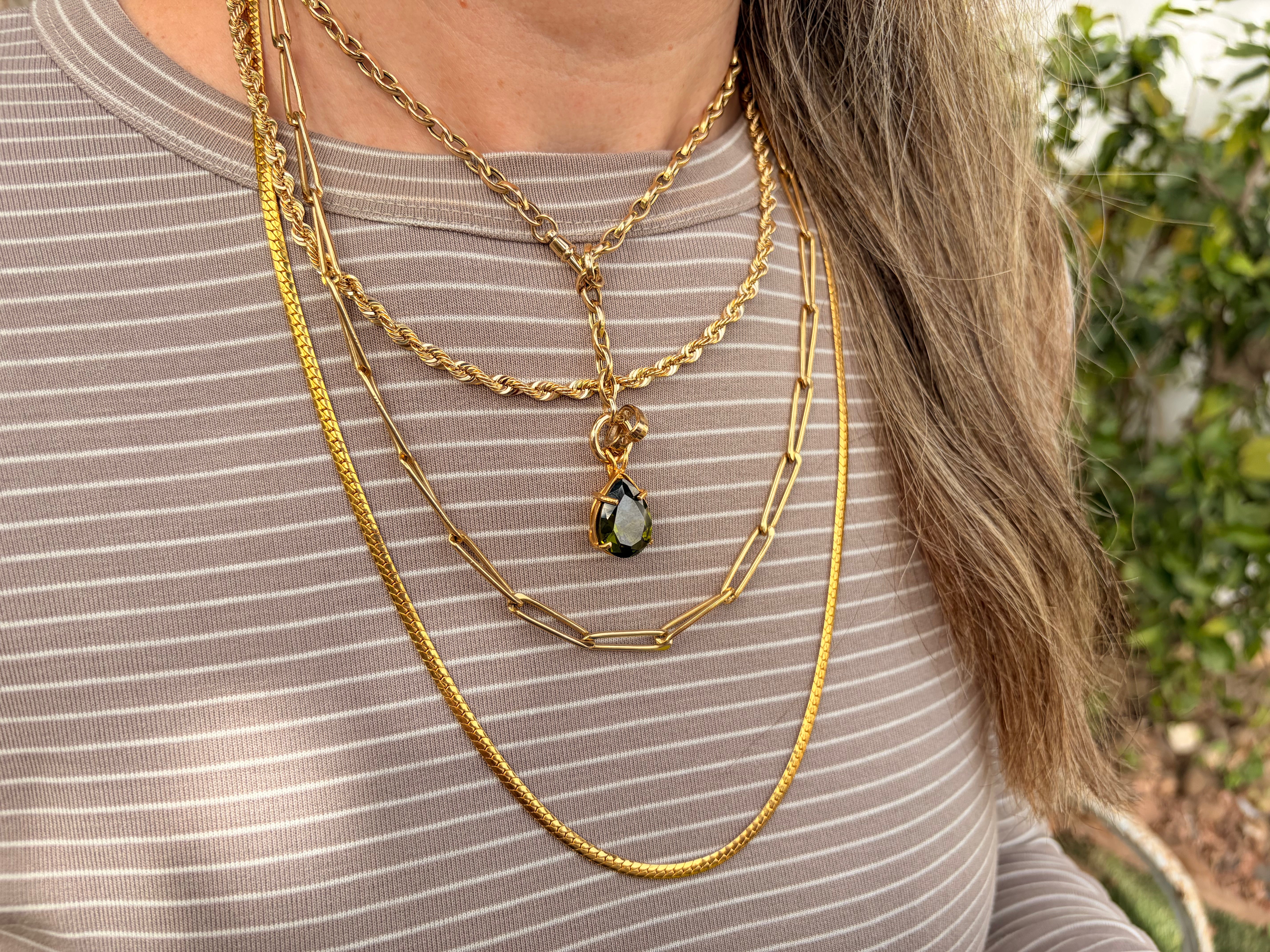 14K Yellow Gold Double Clasp Charm Holder Necklace, Oval Links, Made In Italy