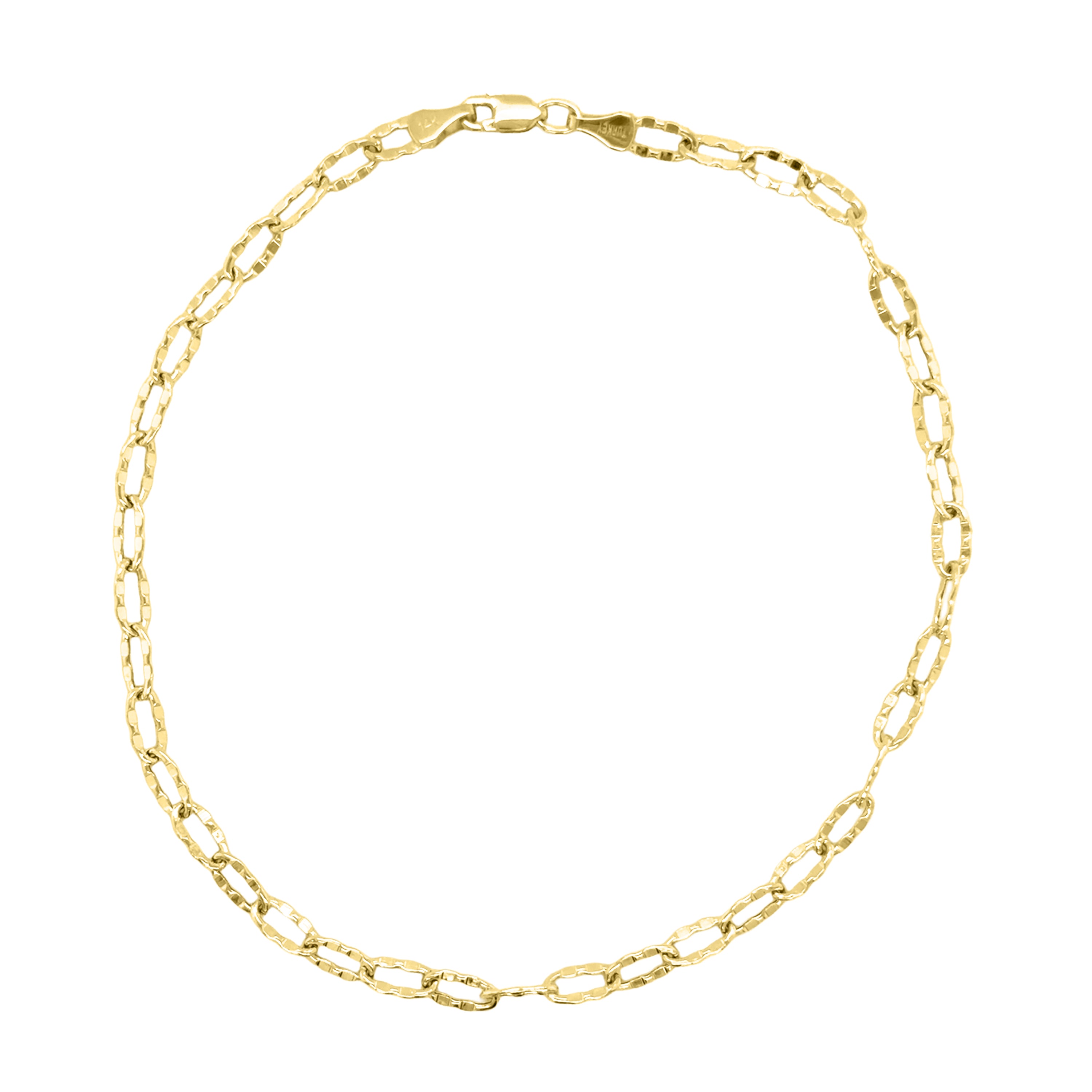 14K Gold Oval Hammered Link Anklet, 10" Yellow or White Gold