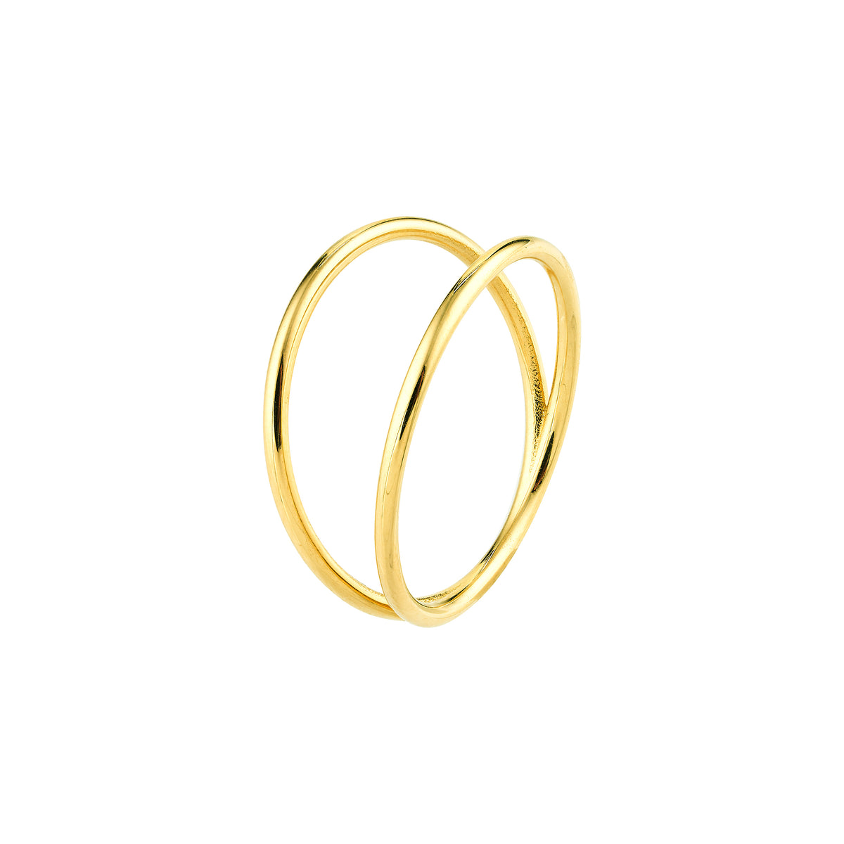 Close-up of 14K gold double wire band ring with minimalist open double band design