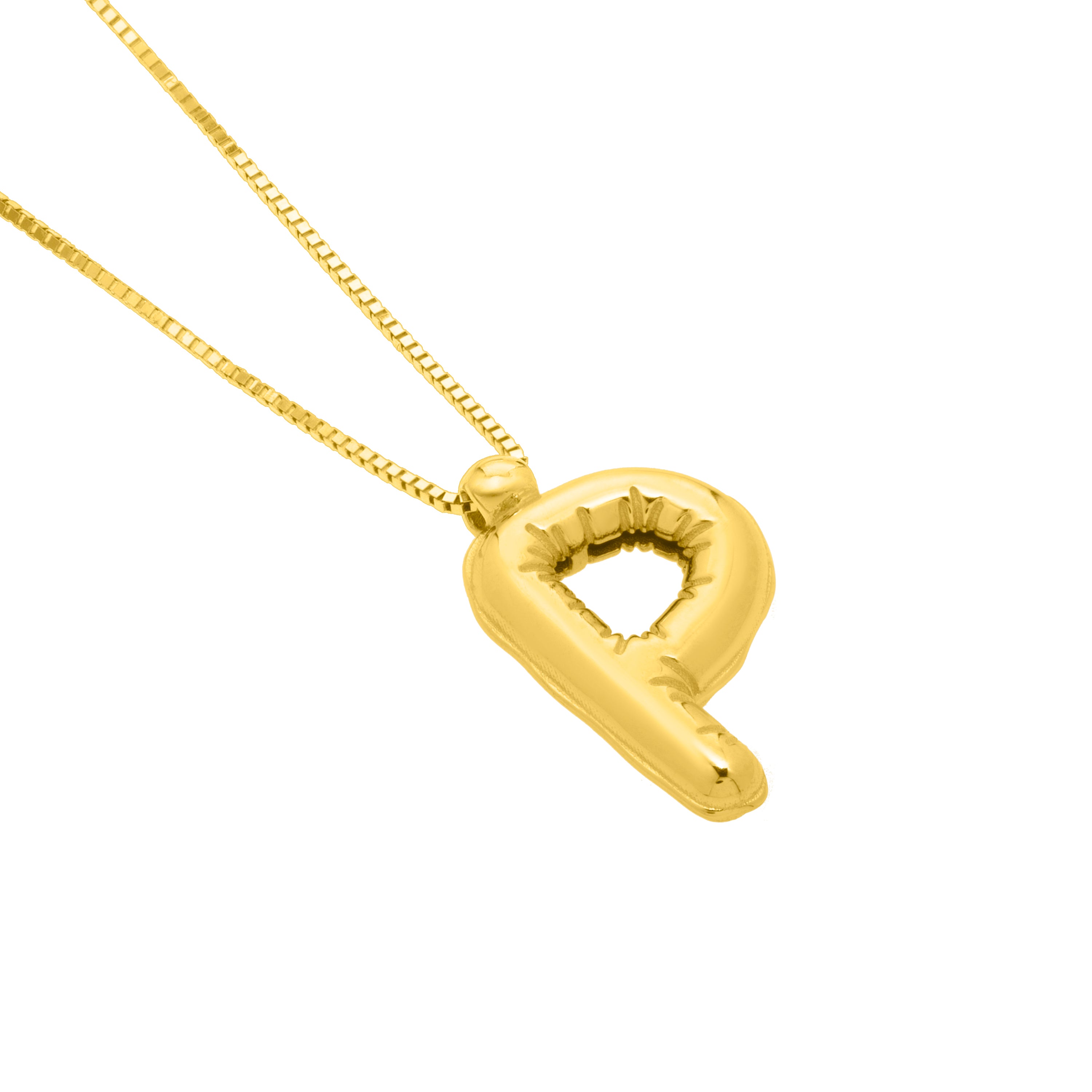 14K Gold Puffy Helium Initial Pendant Necklace: 18" Adjustable at 16"