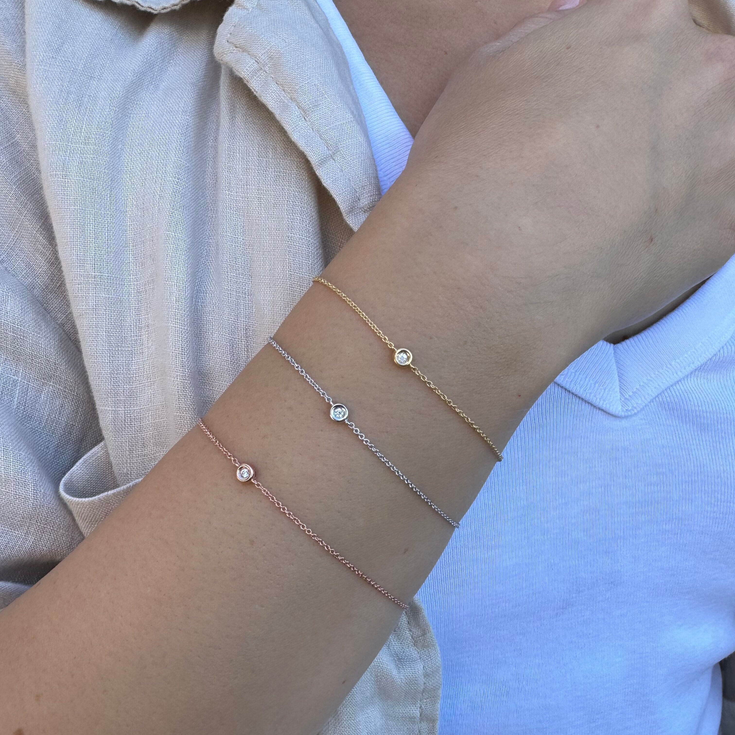 Diamond Bezel Bracelet in 14K rose gold worn with a light linen shirt, creating a soft feminine look that radiates charm and clarity, ideal for brunch dates, anniversaries, and daytime events.