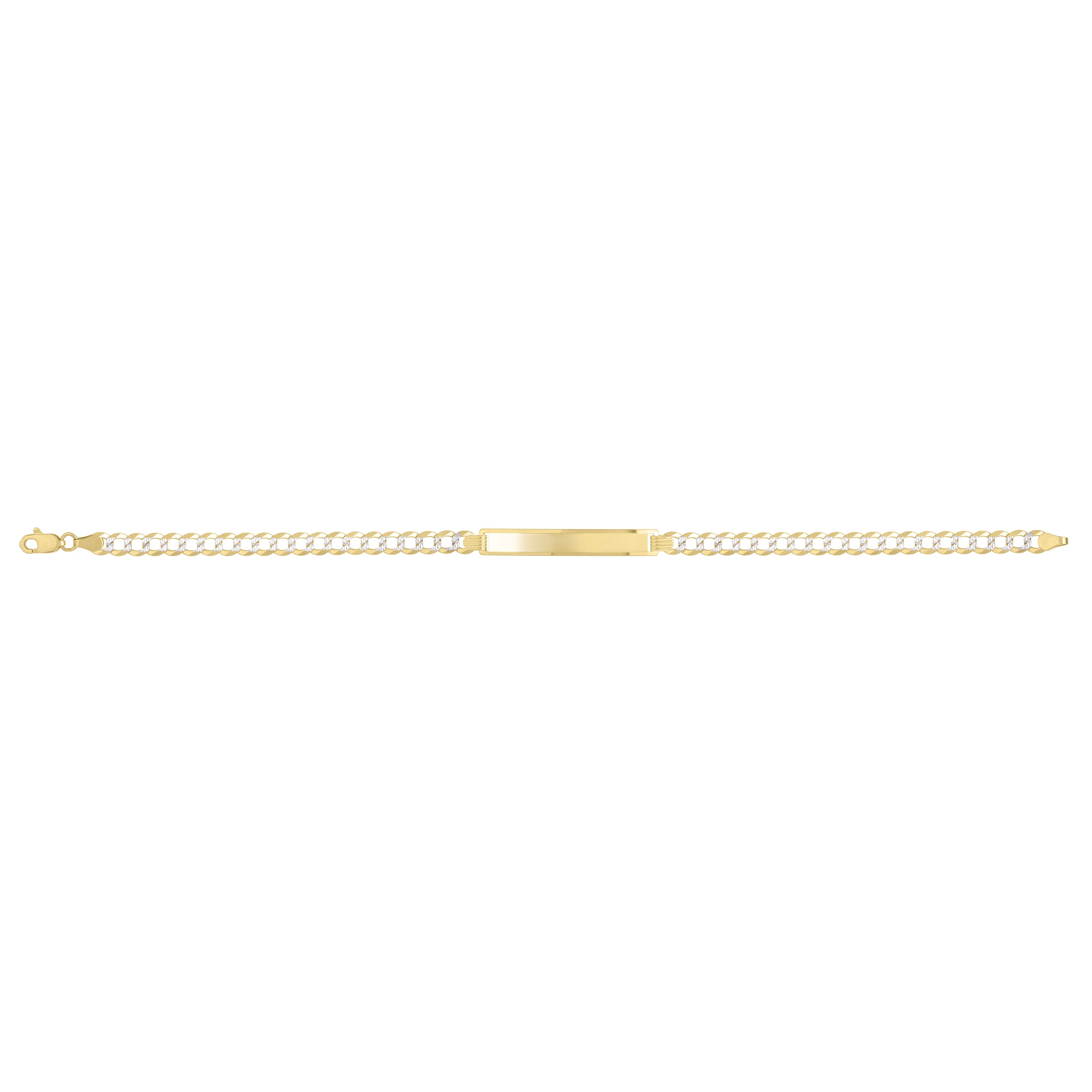 14K Two Tone Gold ID Curb Link Bracelet with a polished engravable bar and secure lobster clasp. This elegant fine jewelry piece is durable, versatile, and comfortable for everyday wear. A meaningful luxury gift idea for birthdays, anniversaries, weddings, and milestone celebrations.