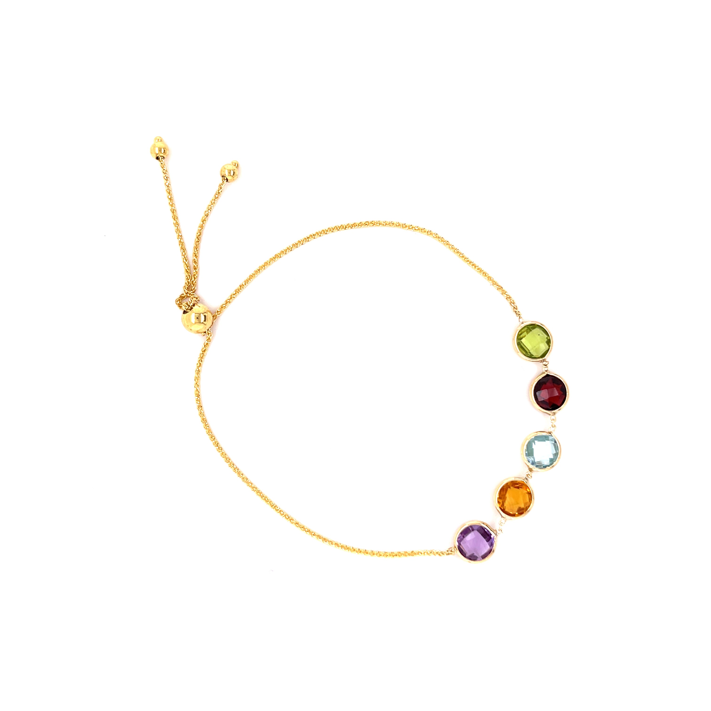 14K yellow gold friendship bracelet featuring natural Peridot, Garnet, Blue Topaz, Citrine, and Amethyst gemstones set in 6 mm round bezels. Designed with a dainty 1 mm chain and an adjustable slide clasp for comfort and durability, this versatile fine jewelry piece is perfect as a birthstone gift for birthdays, anniversaries, weddings, or milestone celebrations.