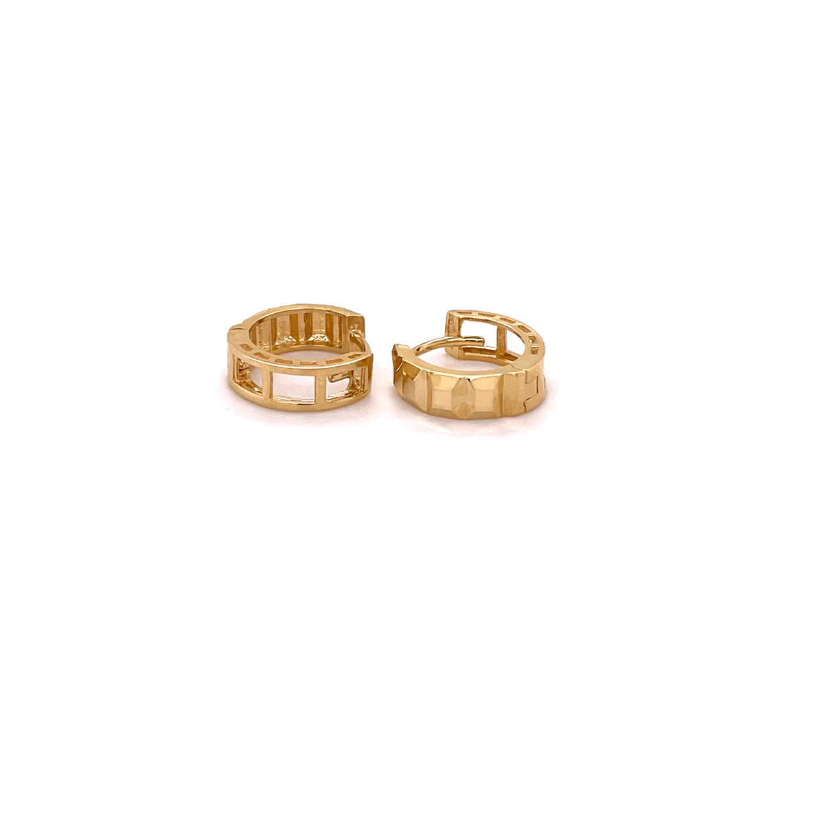 14K Gold Geometric Faceted Huggie Earrings, Small Hinged Hoops, Real Yellow White Gold